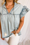 Stunning Vibes Chambray Ruffle Sleeve Top