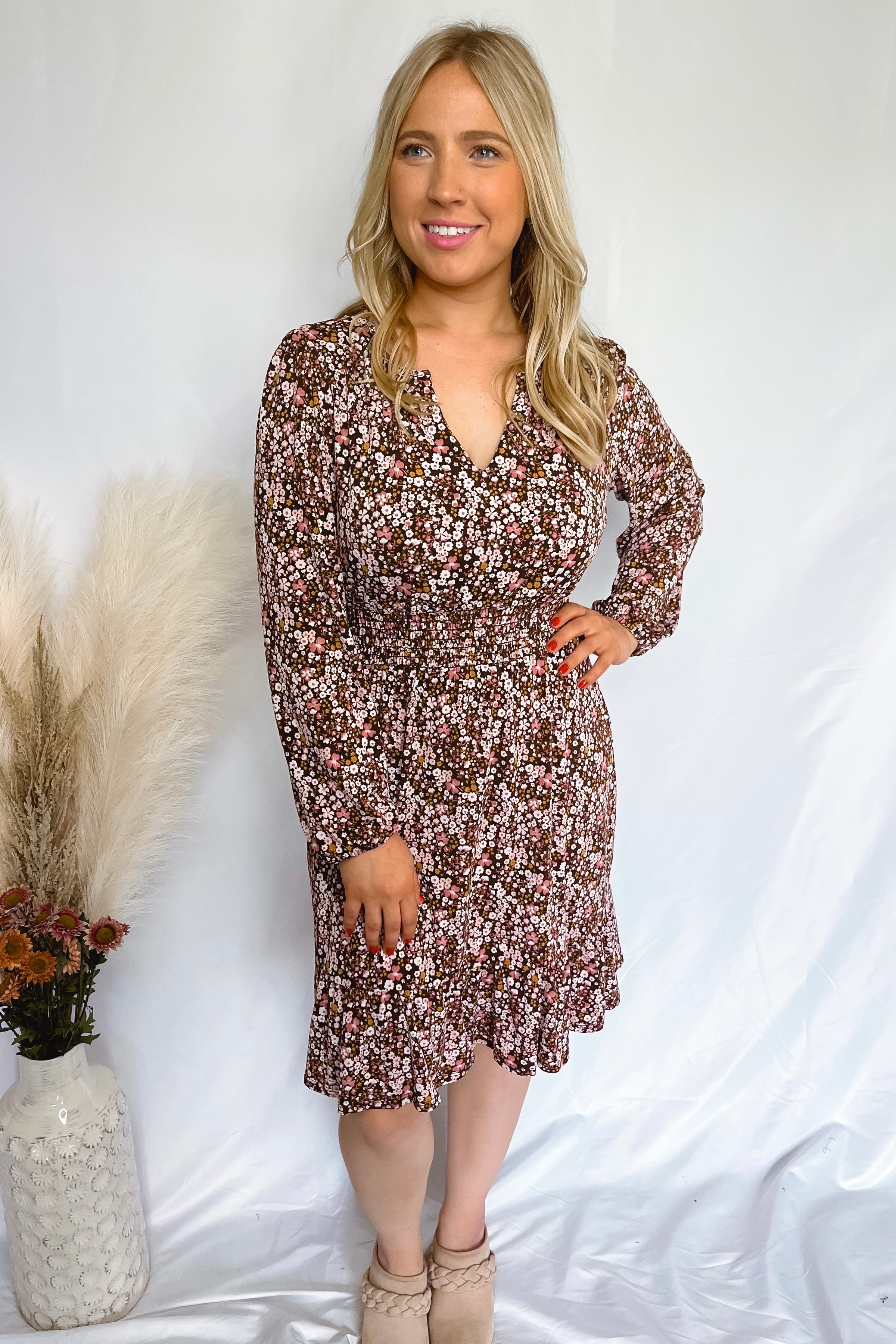 Carried Away Floral Mini Dress - Brown