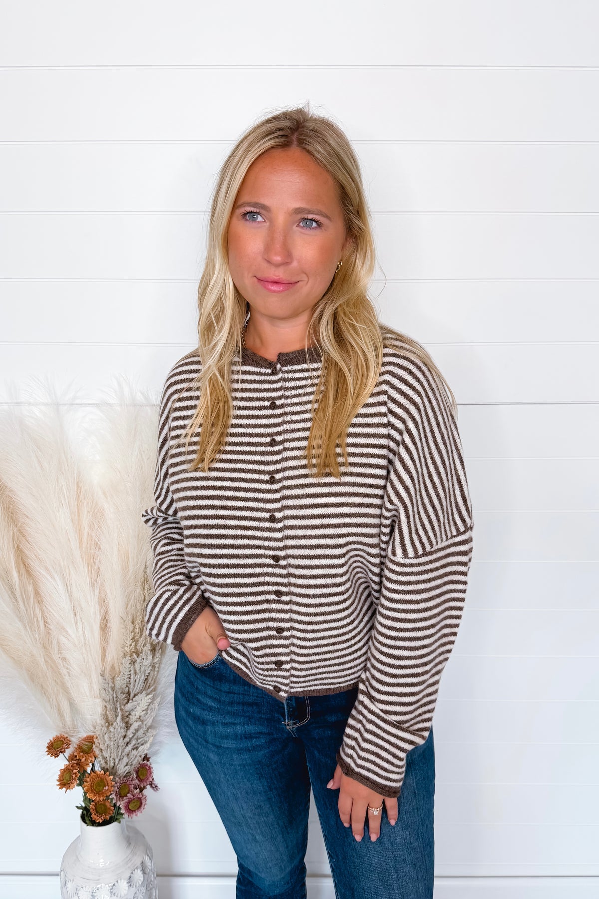 Gwen Lightweight Striped Button Sweater - Mocha/Ivory