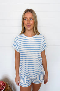 Oceanside Striped Ribbed Top - Light Blue/White