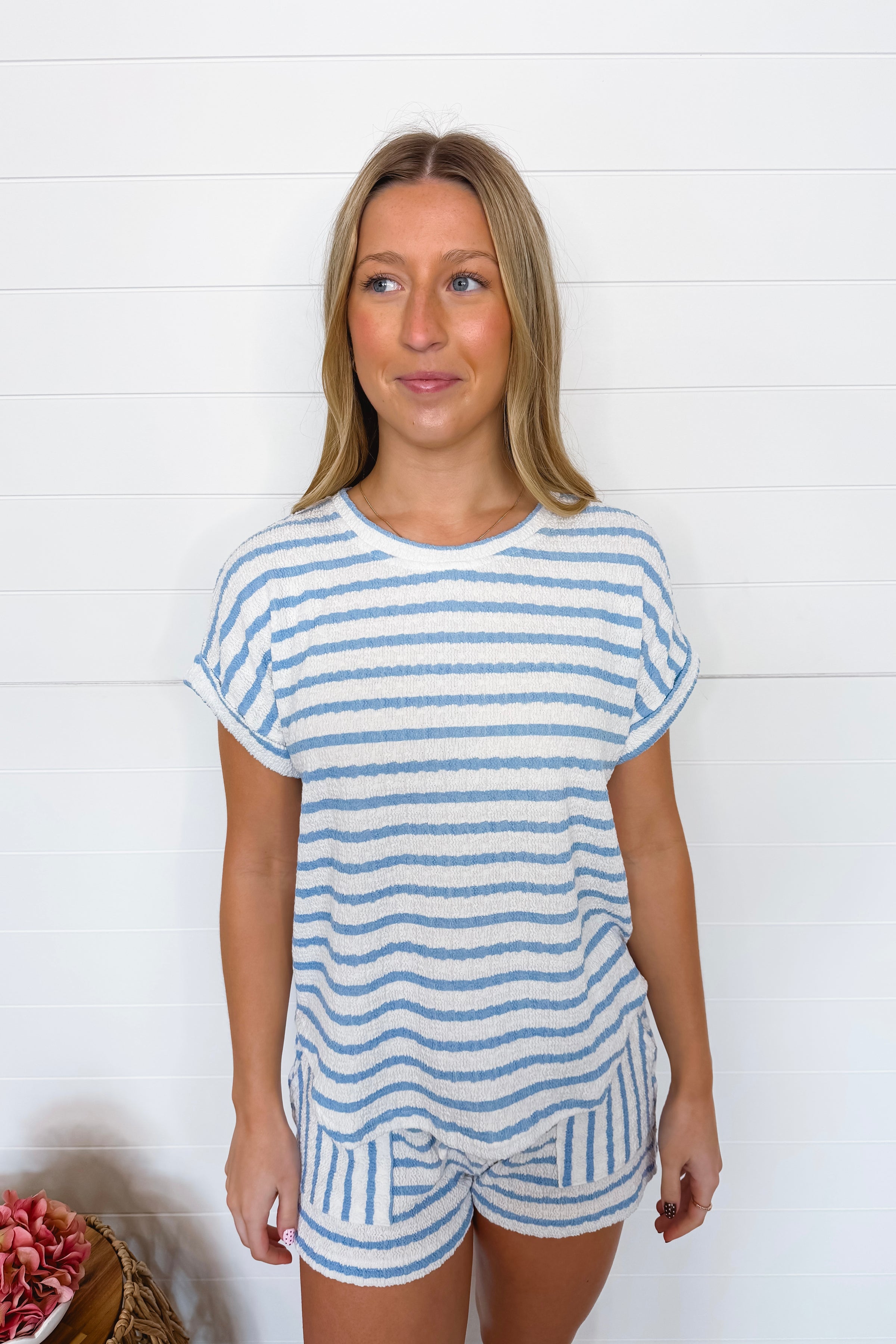 Oceanside Striped Ribbed Top - Light Blue/White