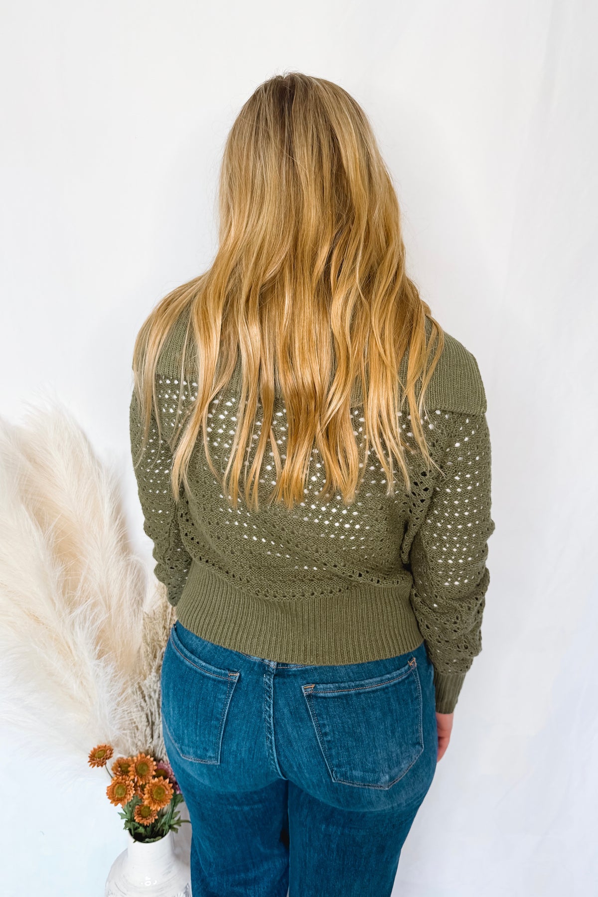 Cherished Moment Open Knit Zip Up - Olive
