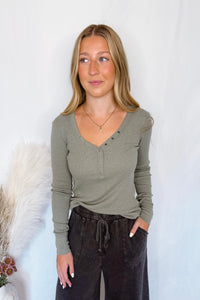 Shelly Long Sleeve Henley Top - Olive