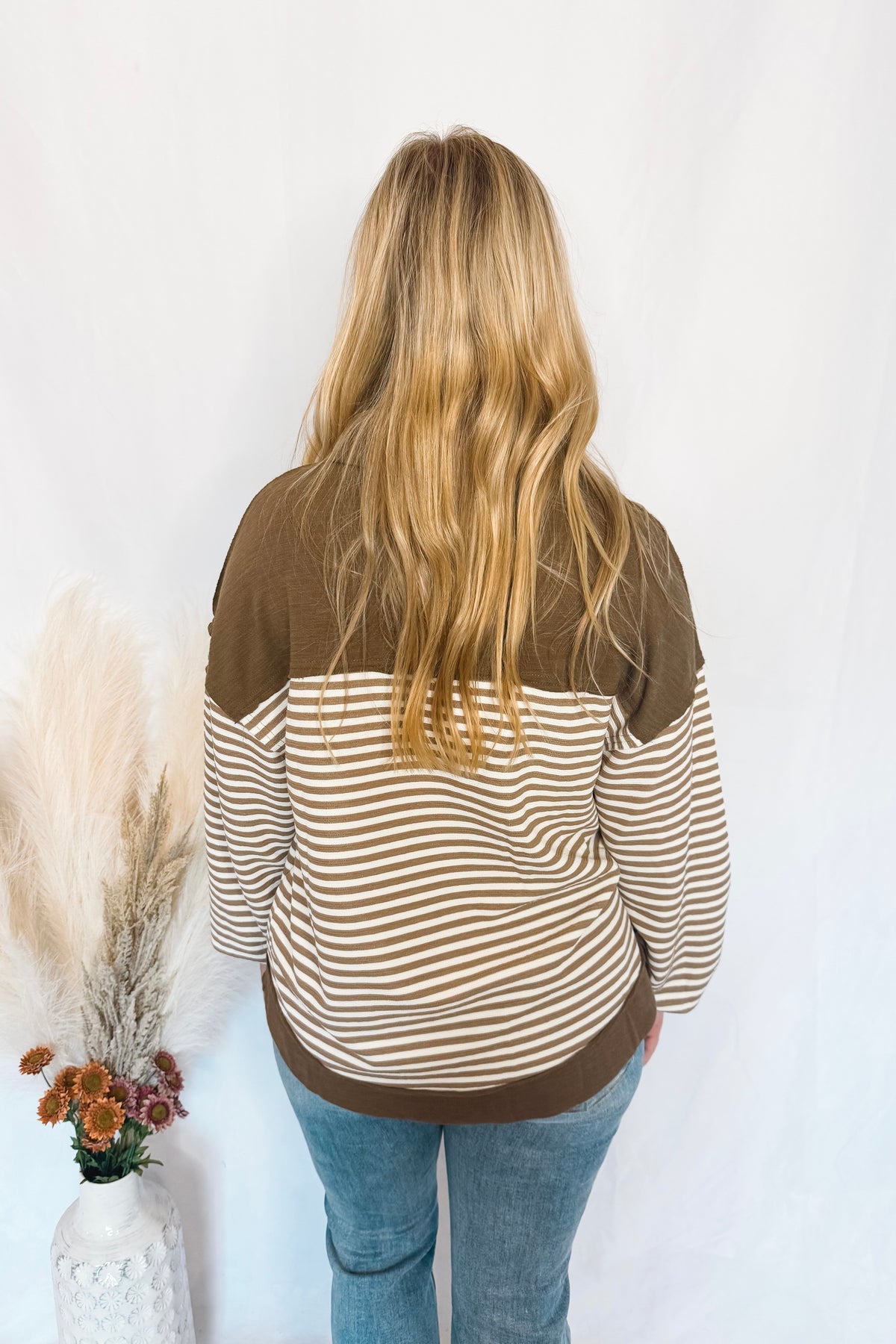 Casual Cocoa Striped Collared Top - Mocha