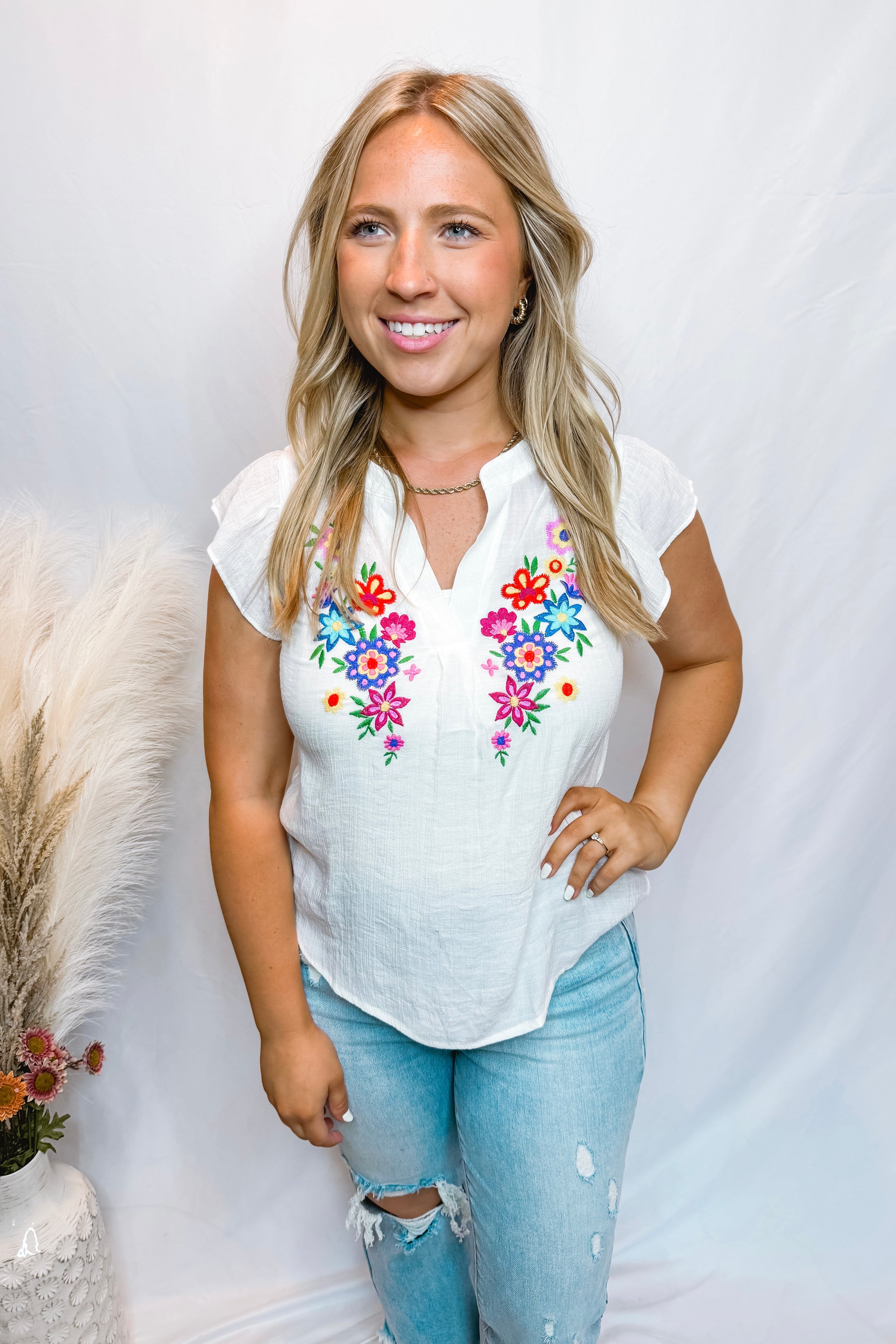 Floral Paradise Embroidered Split Neck Top - White