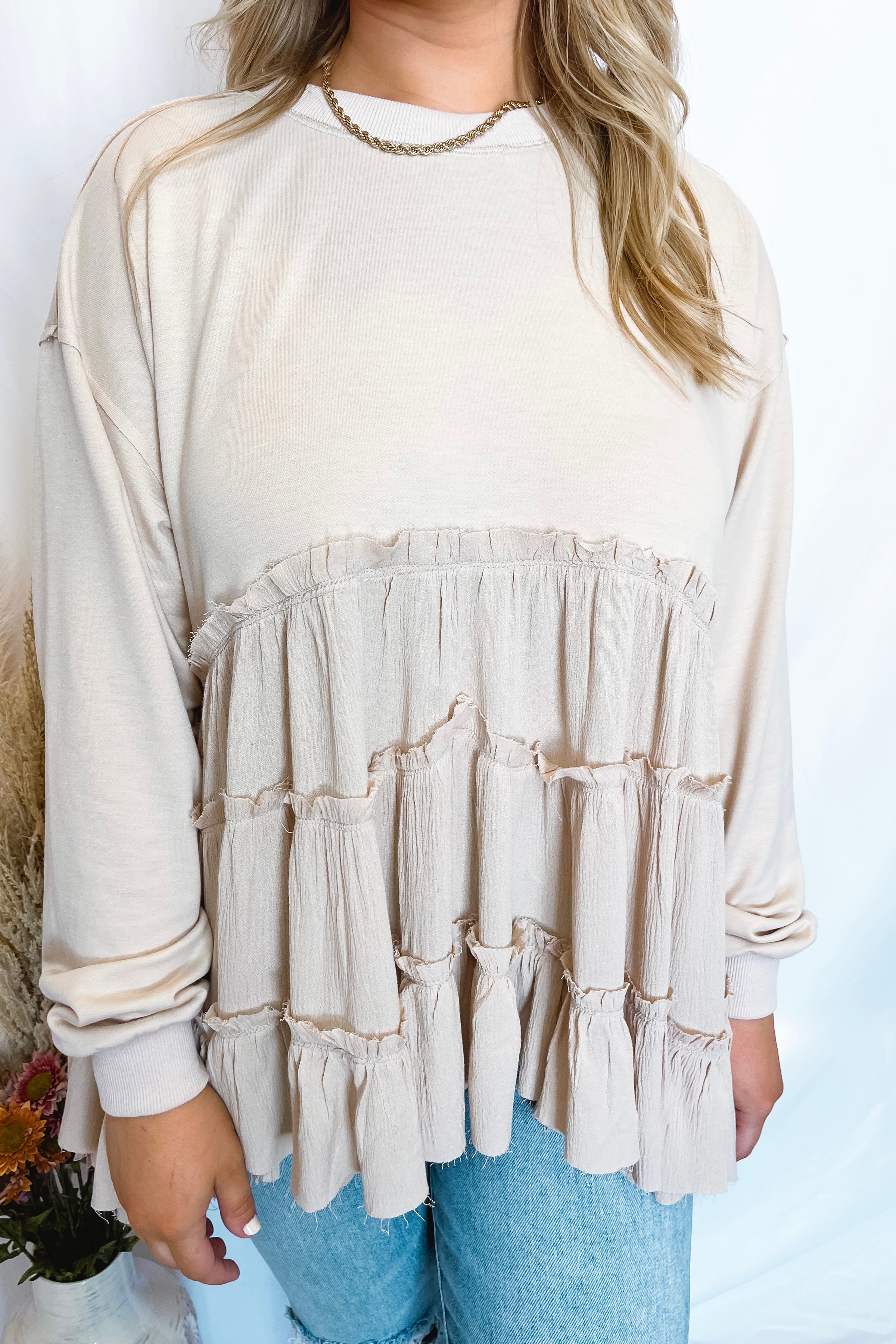 Happiness Tiered Ruffle Crew Neck Top - Oatmeal