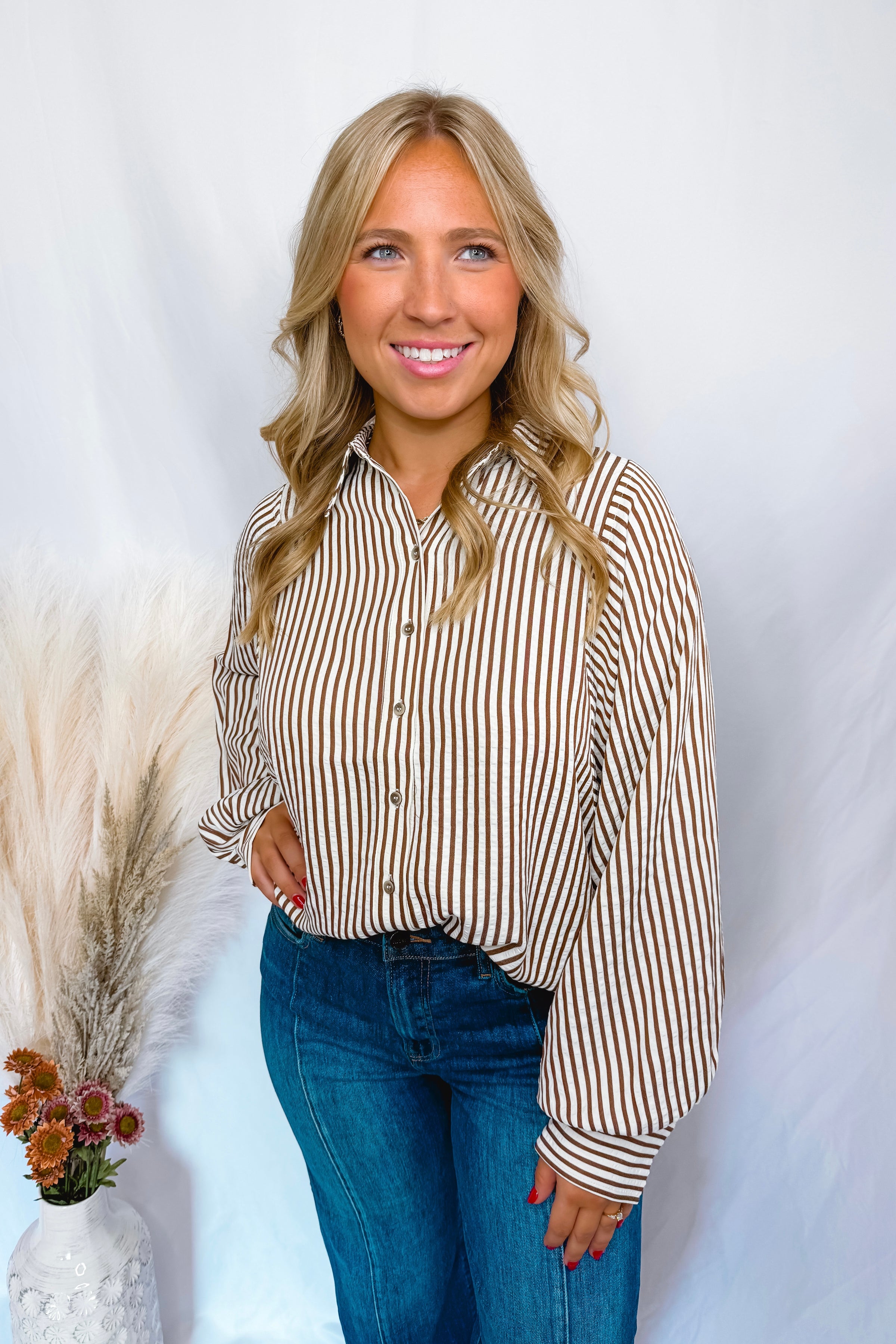 Charming Smiles Striped Button Down Top - Brown/Ivory