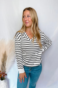 Subtle Charm Collared Striped Knit Top - Ivory/Black