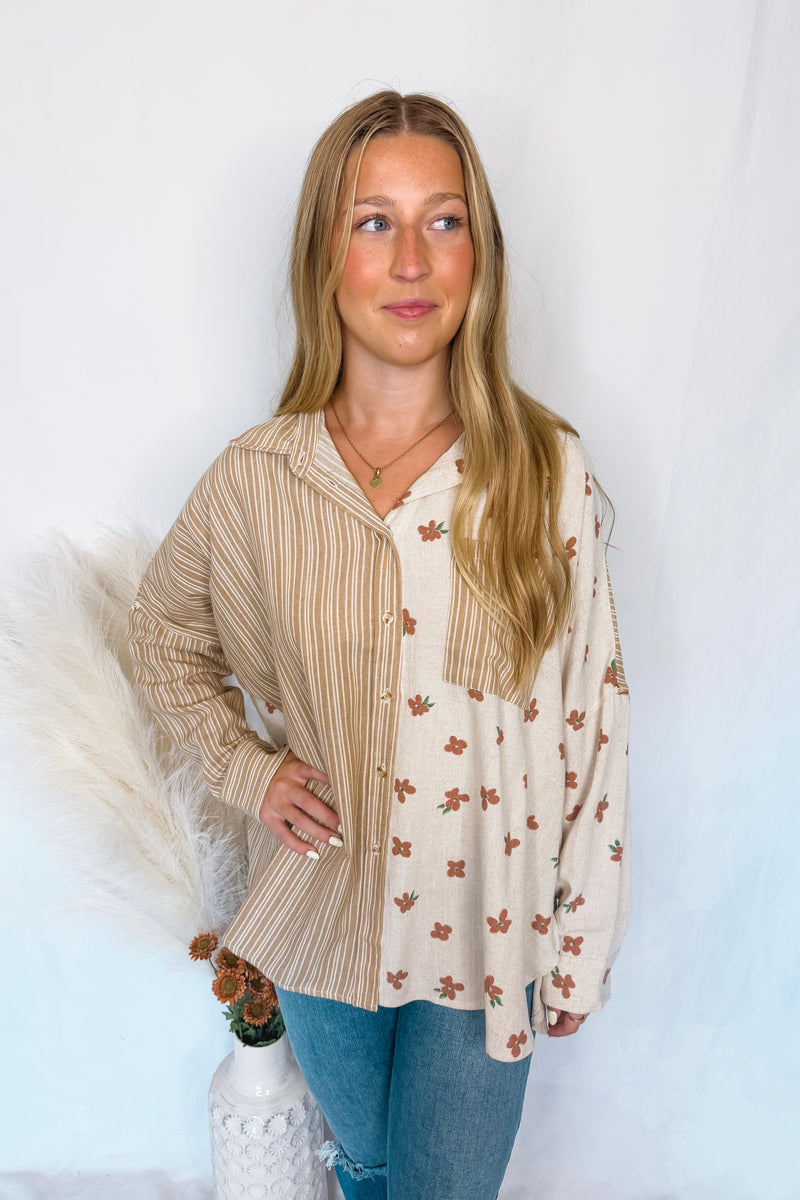Take Your Pick Contrast Button Down Top - Taupe
