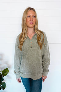 All Day Casual Mineral Washed Henley Hoodie - Olive