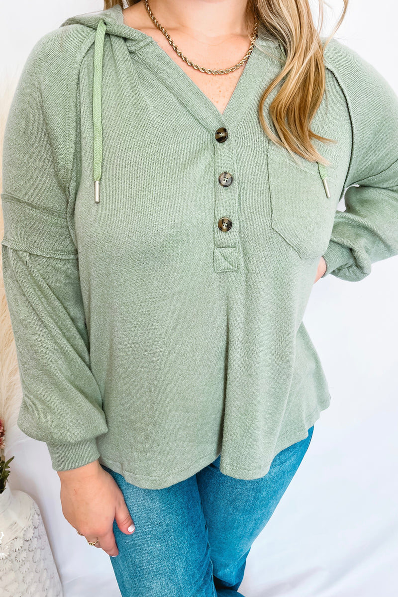 Lovely Tokens Knit Henley Pullover - Sage