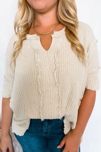 Having Fun Frayed Ribbed Top - Khaki
