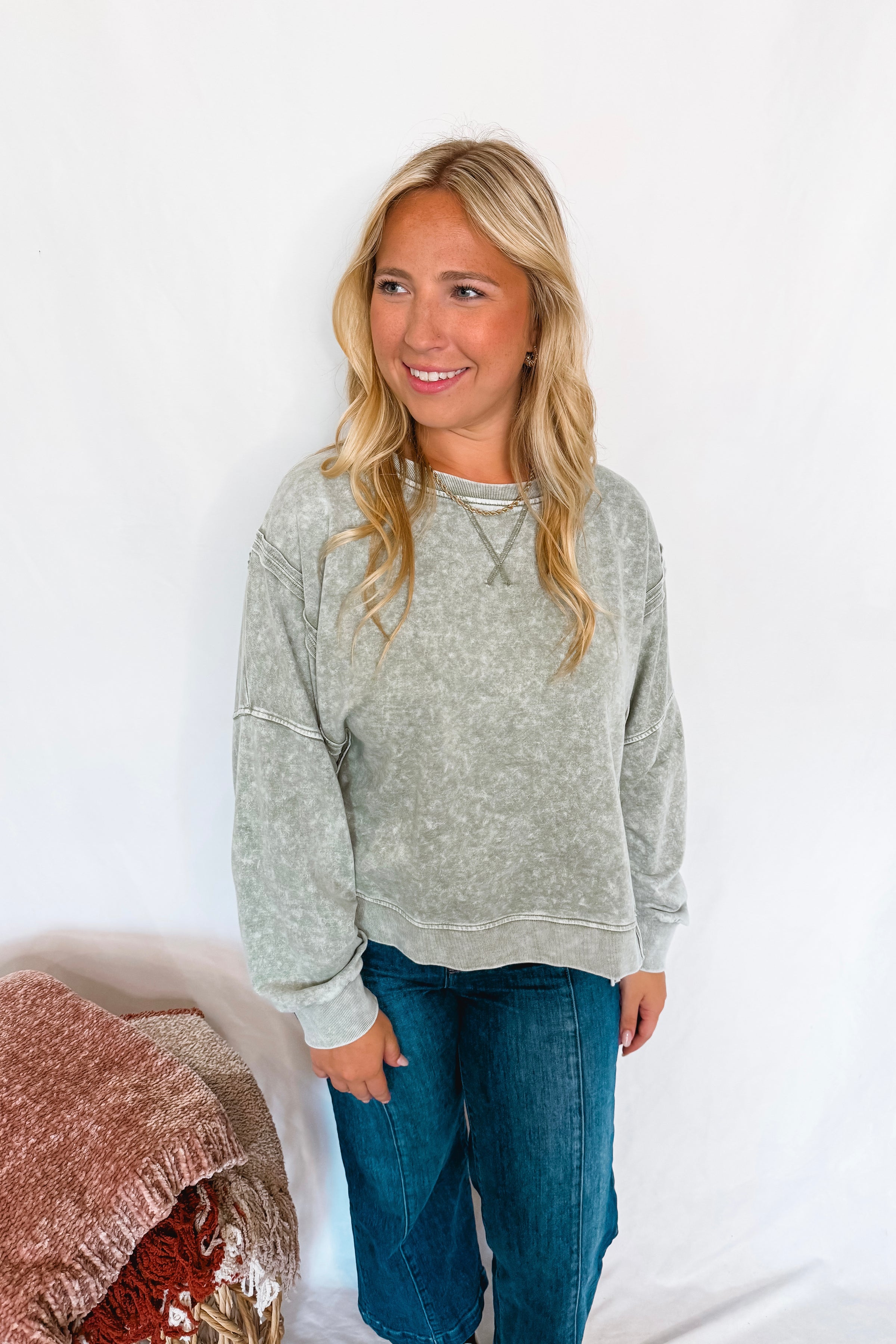 Forever Casual Mineral Washed Crew Neck Top - Moss Green