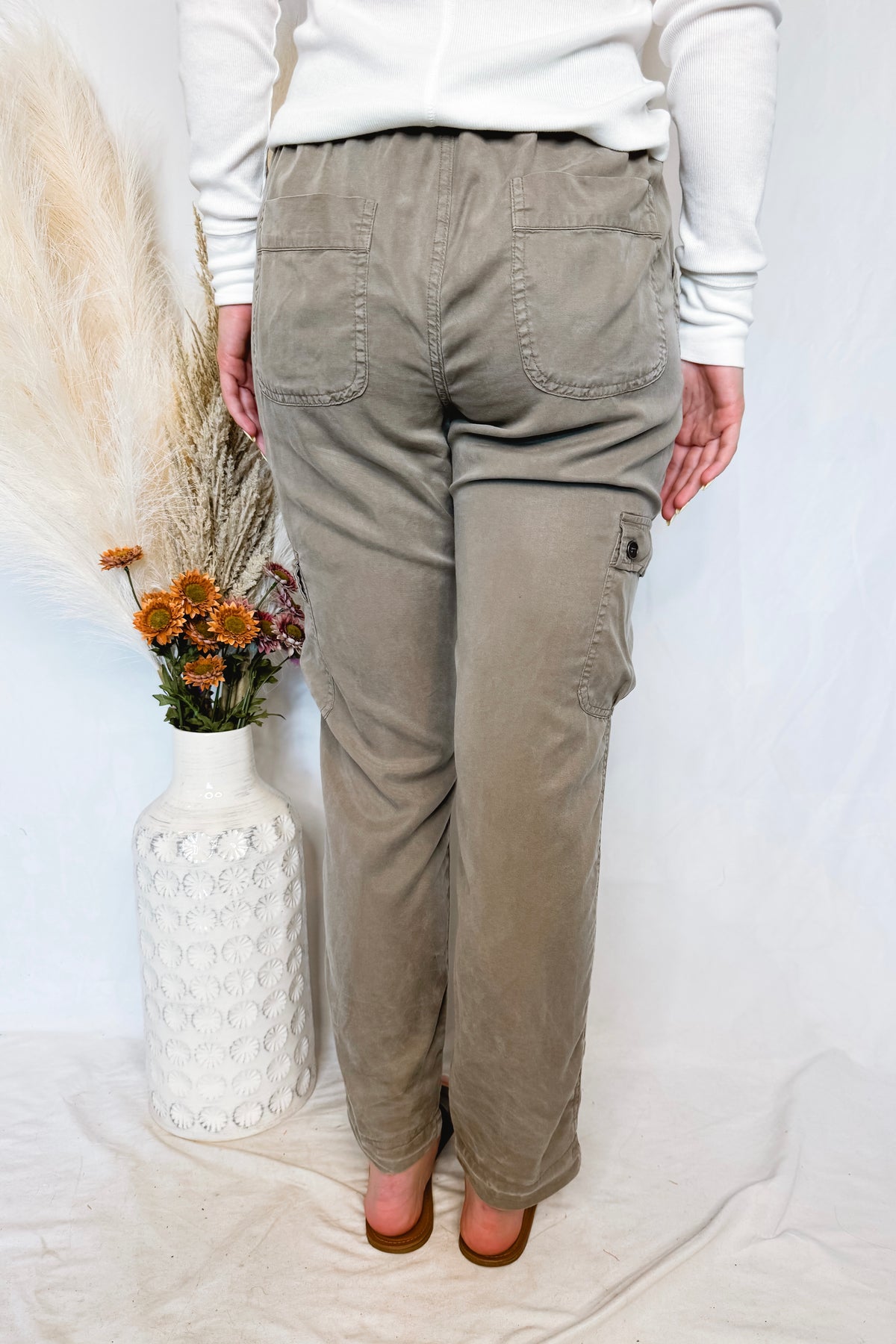 Elise Tencel Drawstring Cargo Pants - Khaki