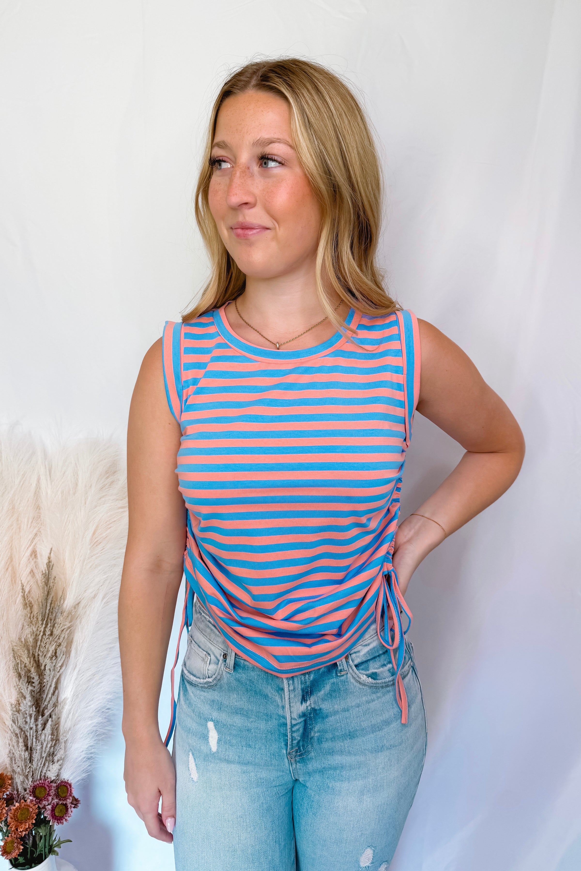 Loving Life Cinched Tank - Blue/Peach