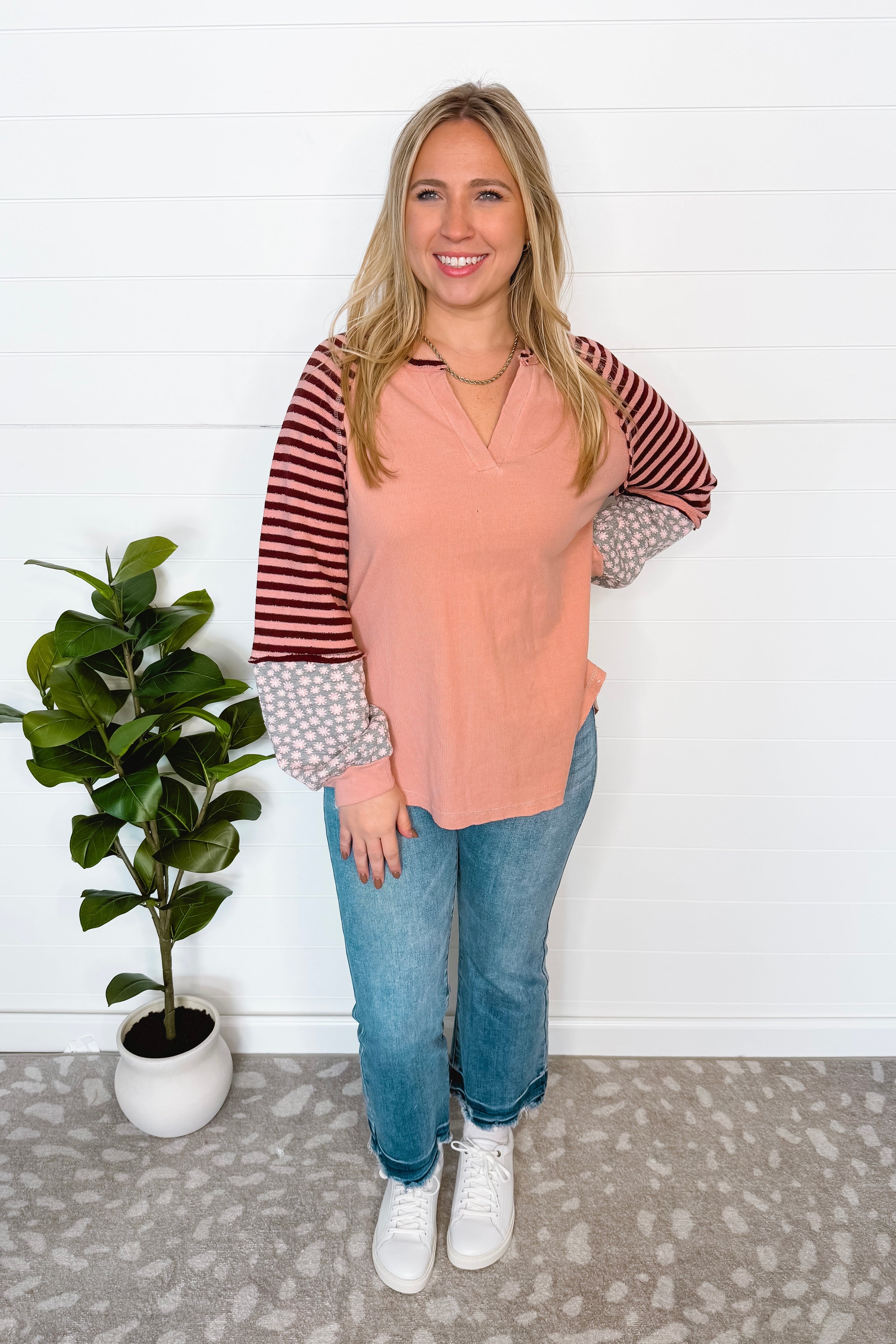 Keepin' It Casual Split Neck Top - Blush