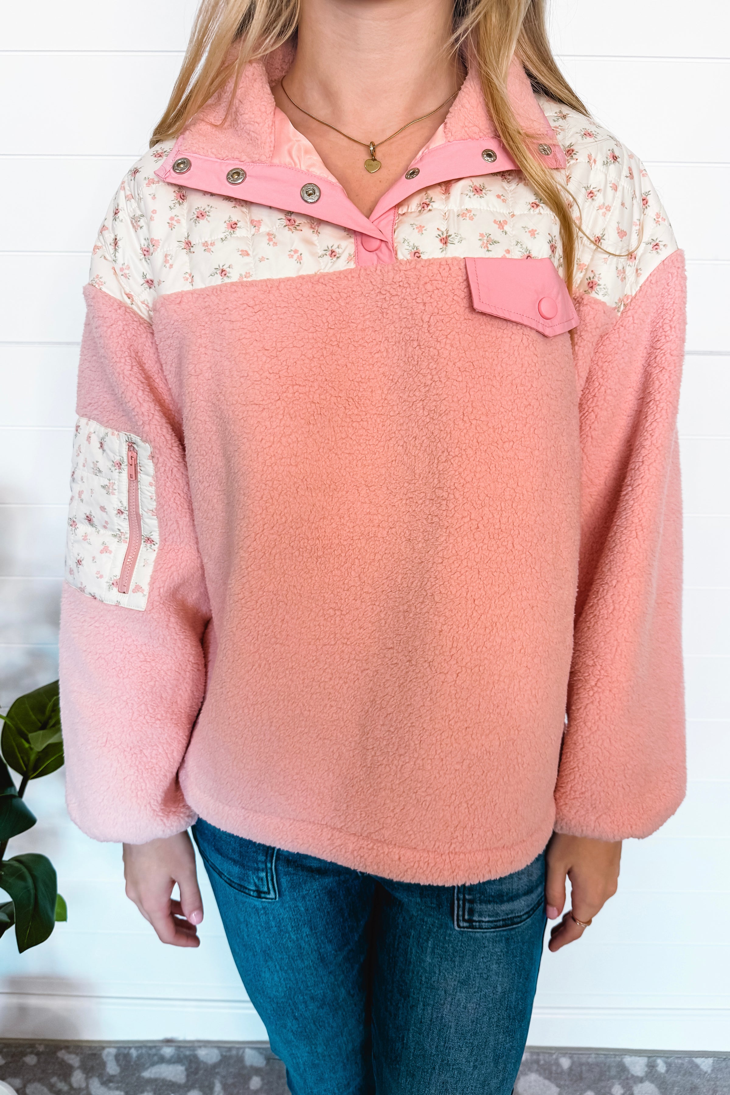 Cozy In Love Sherpa Quarter Snap Pullover - Pink