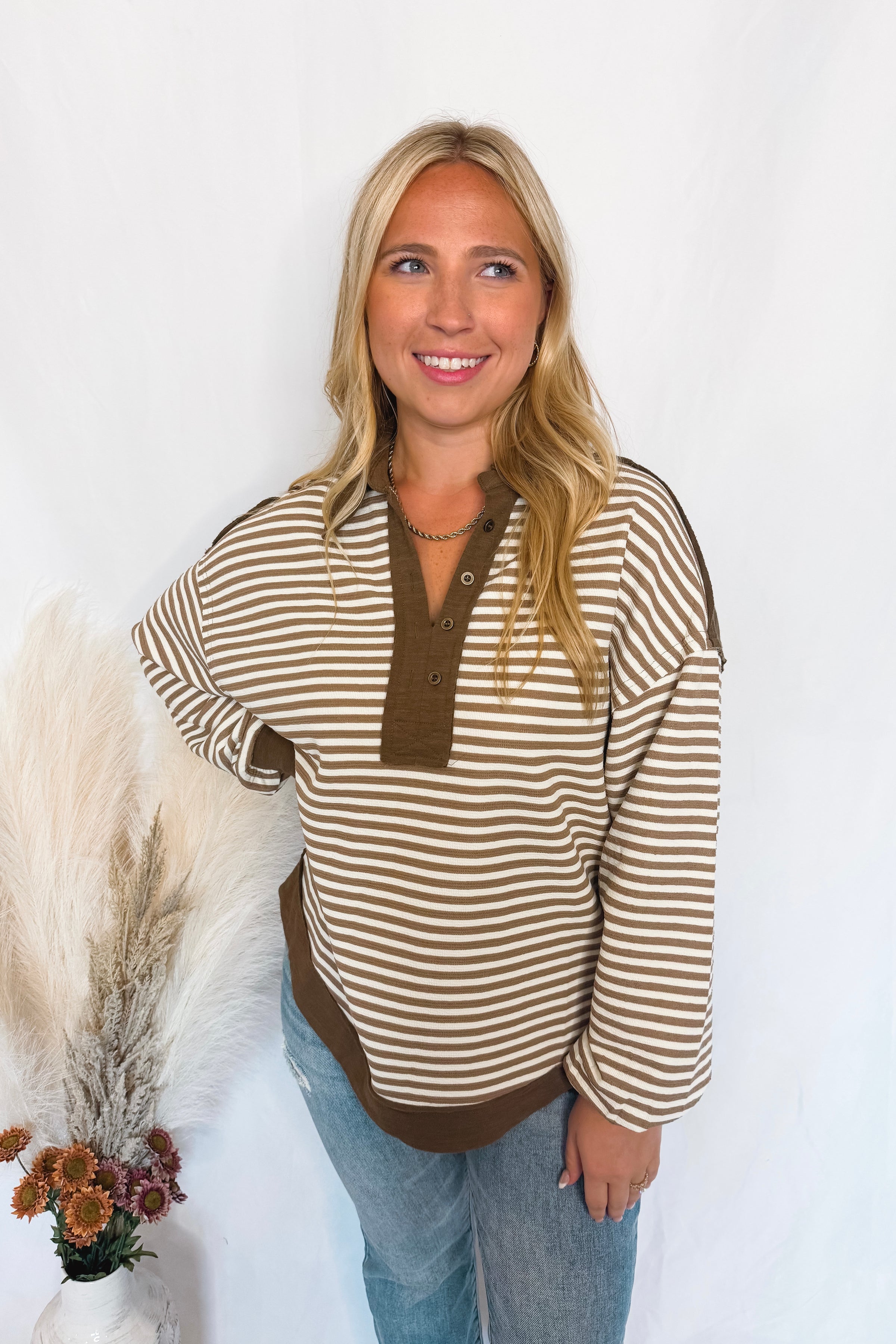 Casual Cocoa Striped Collared Top - Mocha
