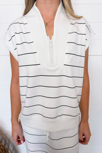 Sporty Days Scuba Stripe Luxe V-Neck Sleeveless Top - Cream/Black