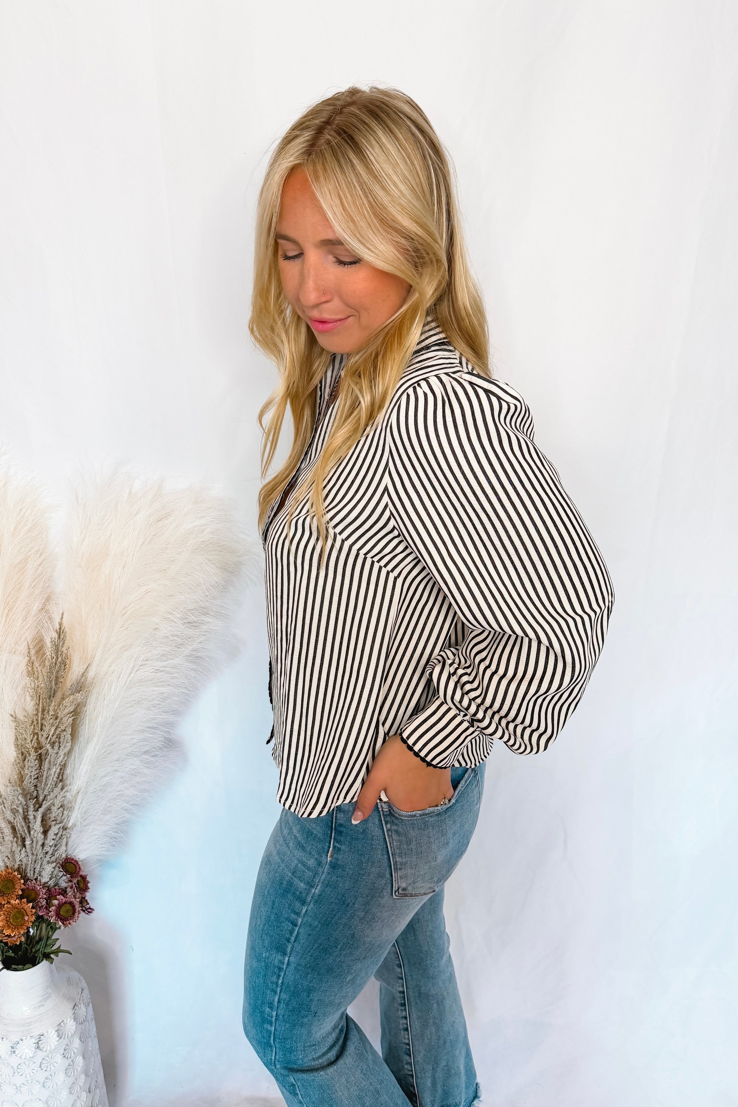 Charm And Chic Striped Button Down Top - Black/Ivory