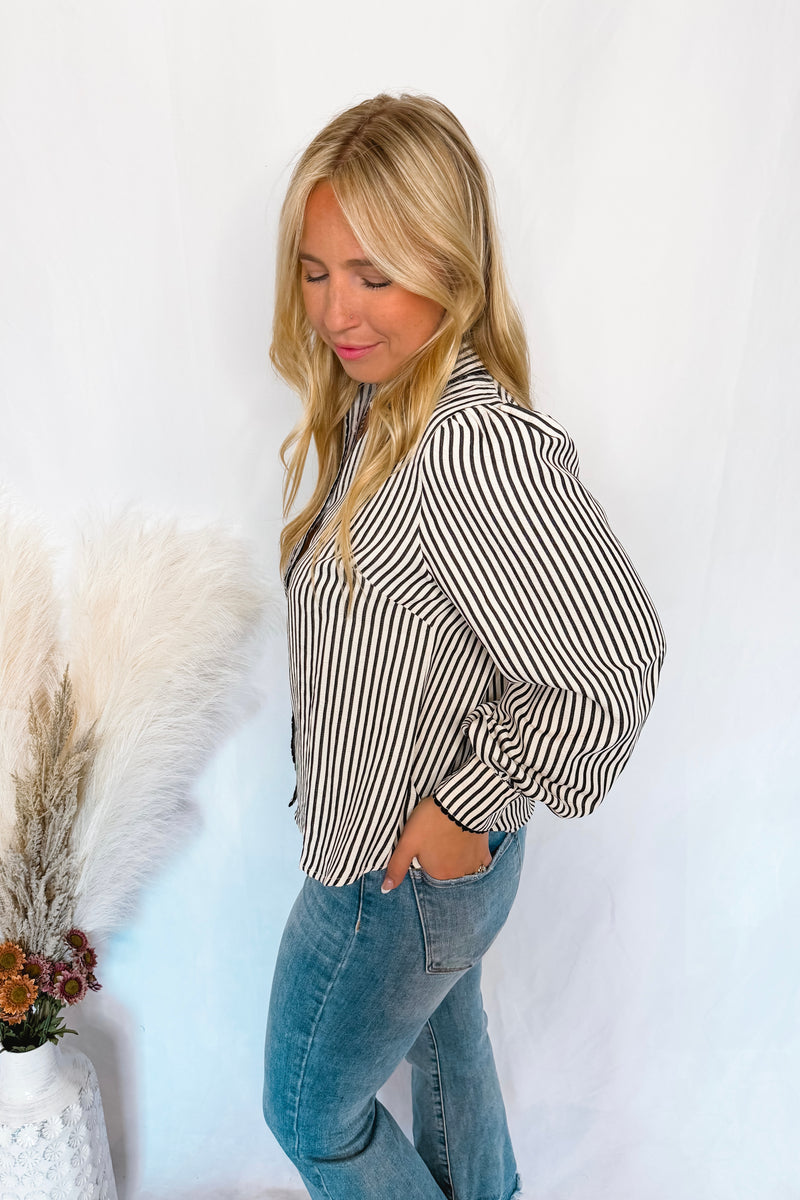 Charm And Chic Striped Button Down Top - Black/Ivory