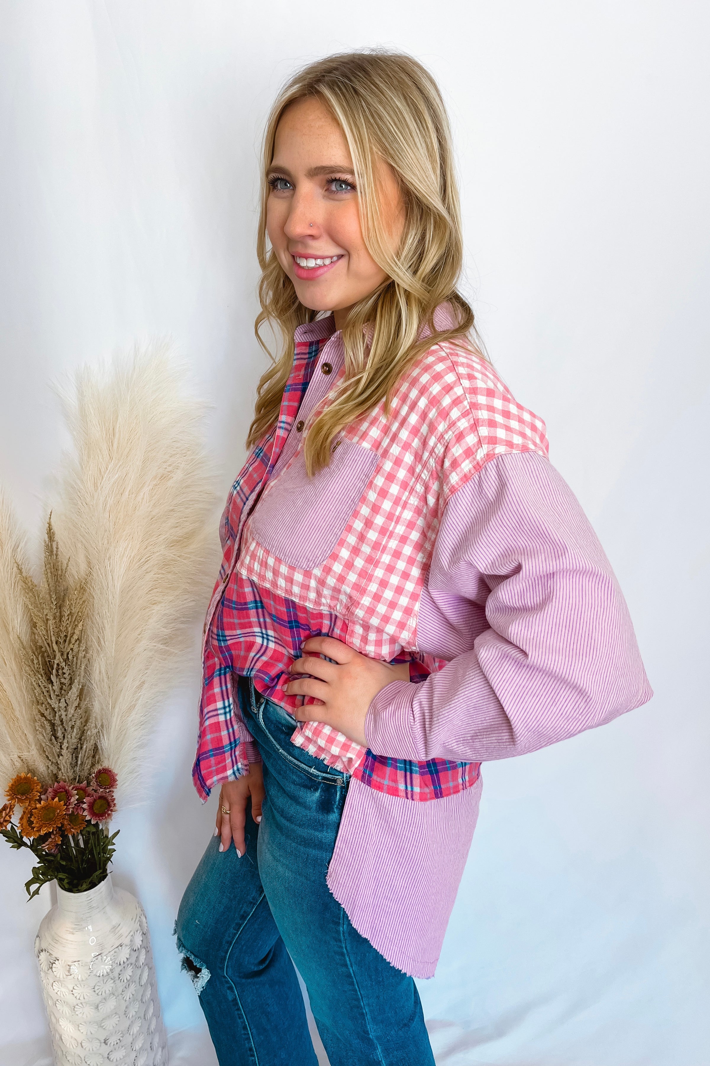 Rosie Oversized Plaid Top - Pink/Lavender