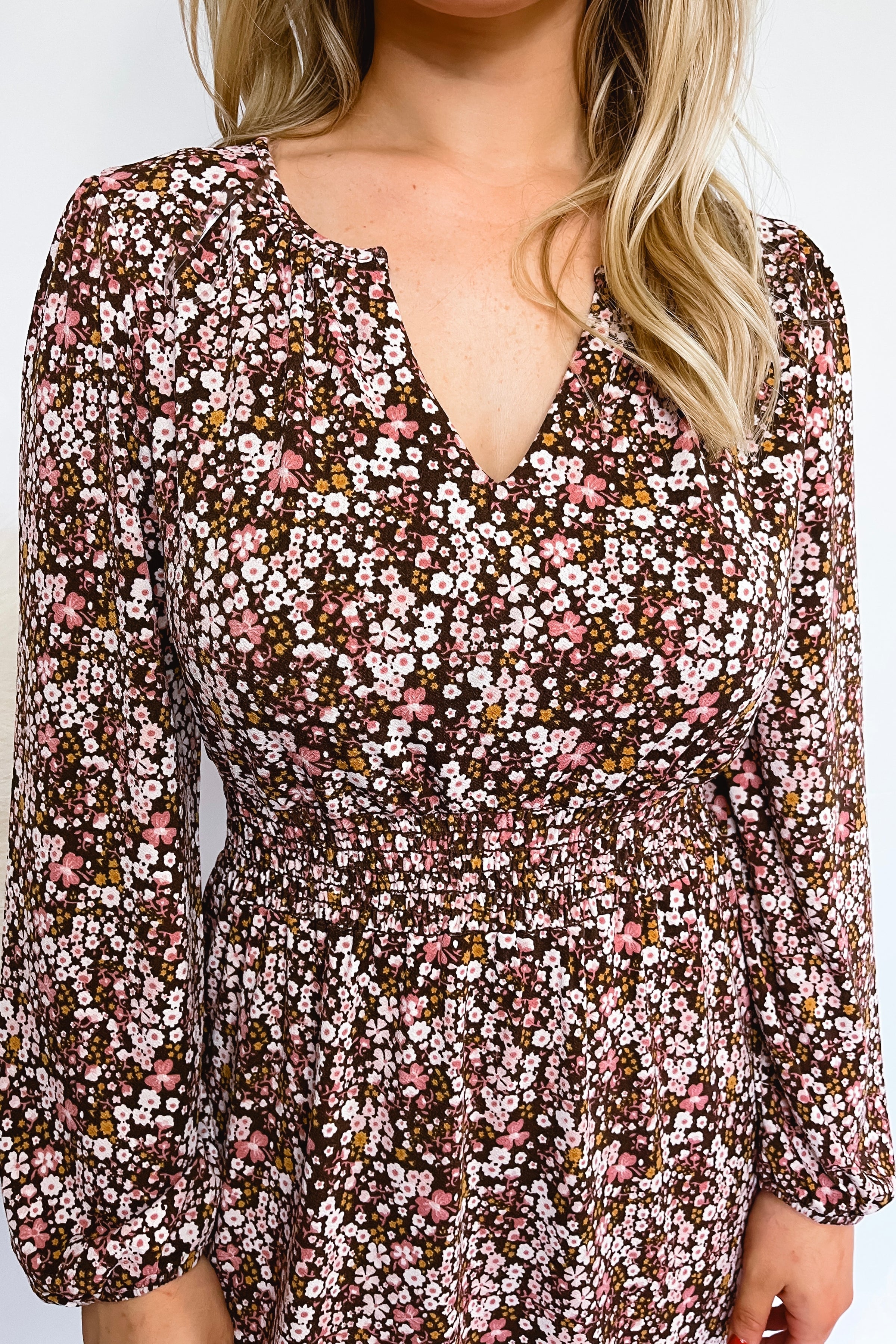 Carried Away Floral Mini Dress - Brown