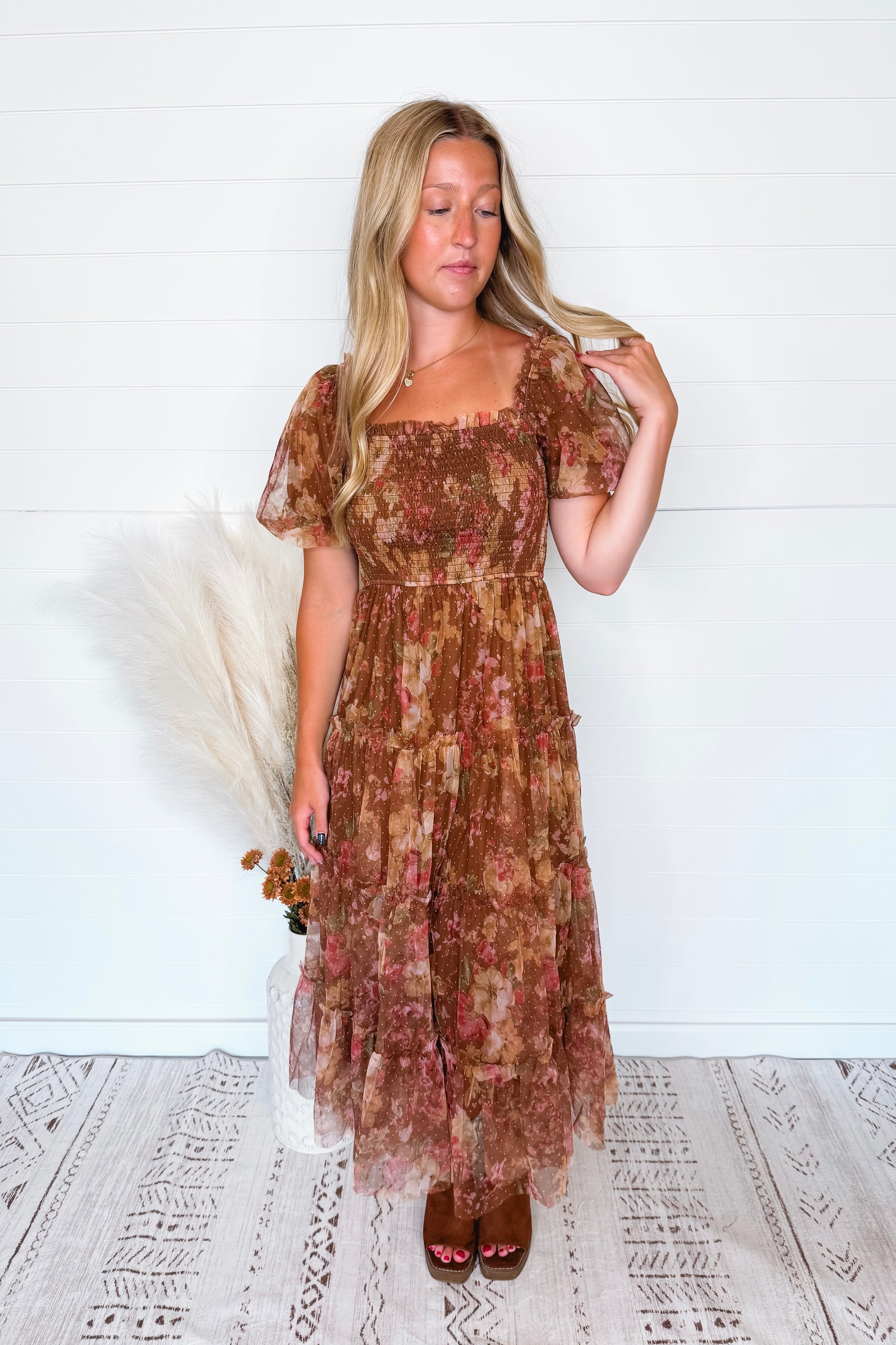 Phoebe Puff Sleeve Tulle Midi Dress - Light Brown Multi