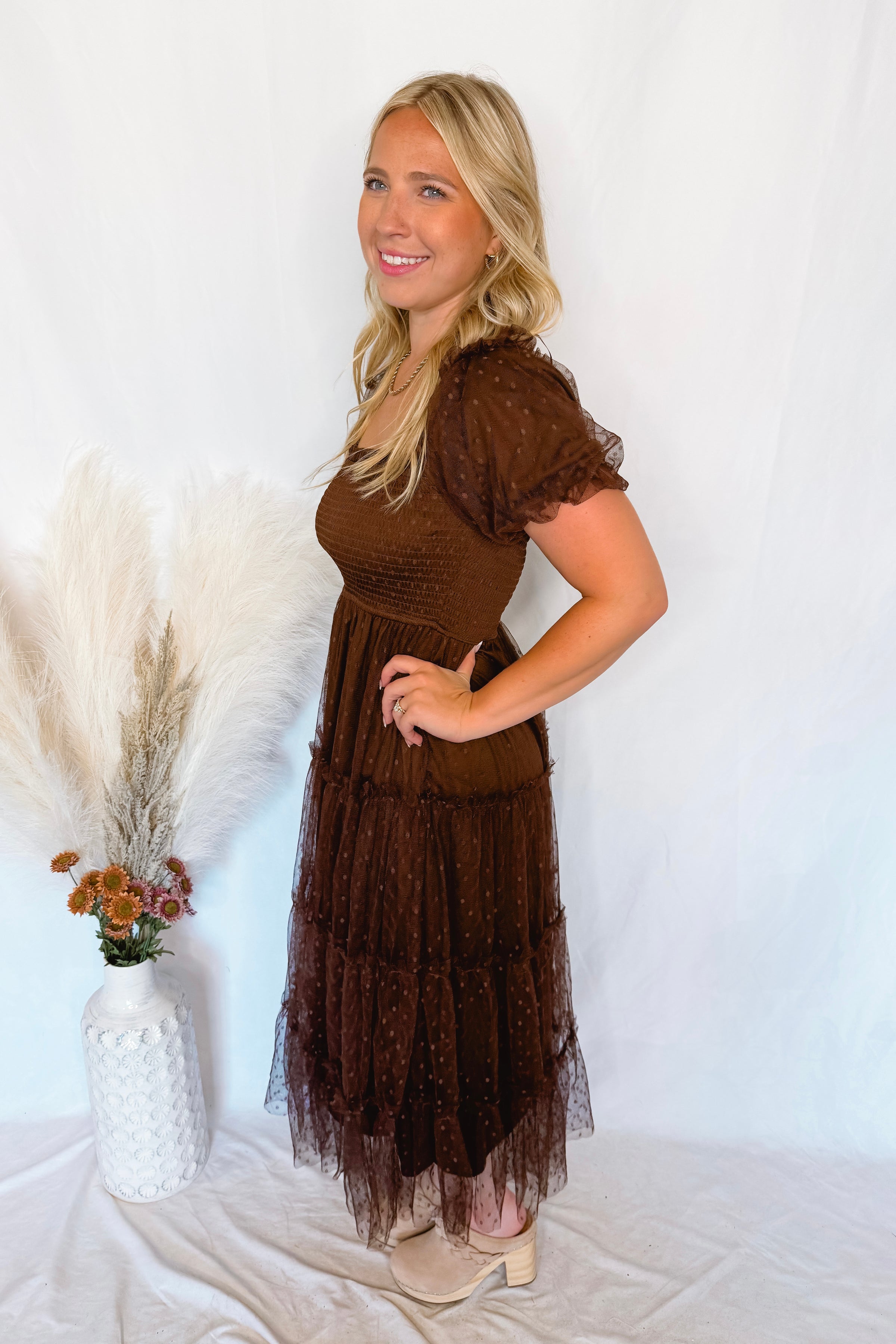 Phoebe Puff Sleeve Tulle Midi Dress - Brown