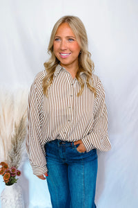 Charming Smiles Striped Button Down Top - Brown/Ivory