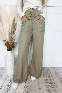 Just My Style Waffle Knit Wide Leg Pants - Light Olive