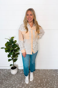 Breezy Touch Mixed Button Down Top - Taupe/Mix