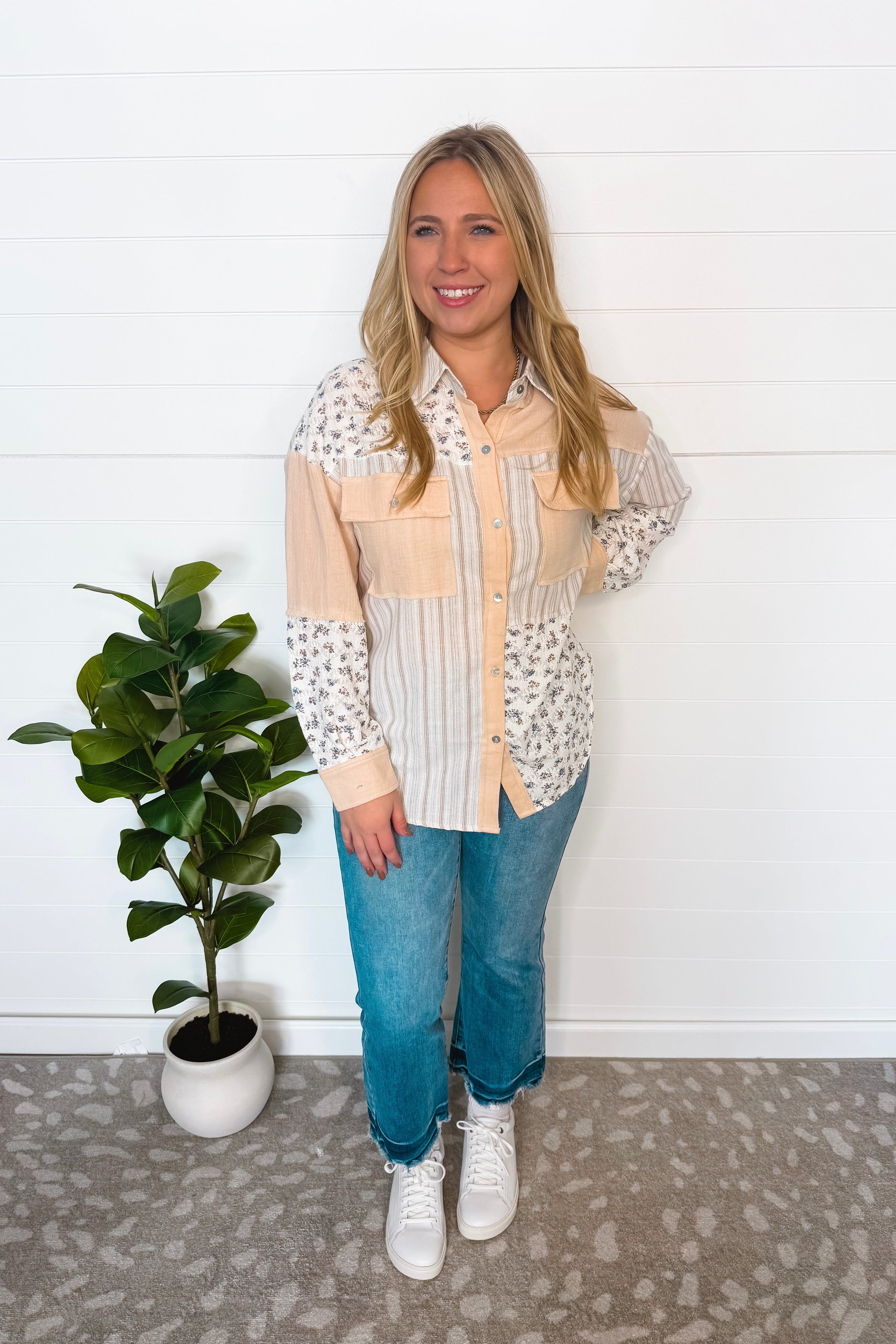 Breezy Touch Mixed Button Down Top - Taupe/Mix