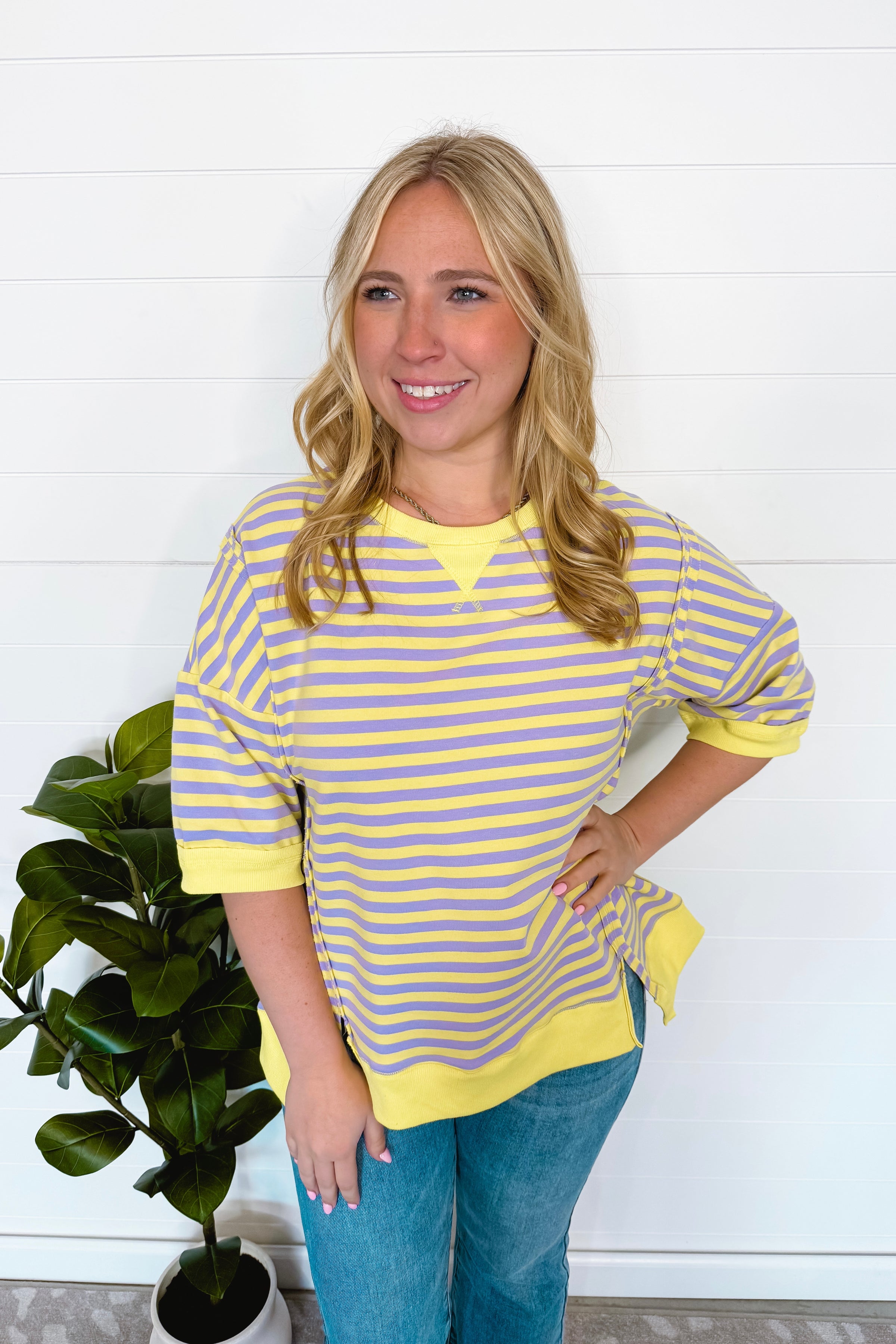 Bentley Striped Oversized Top - Lavender/Yellow