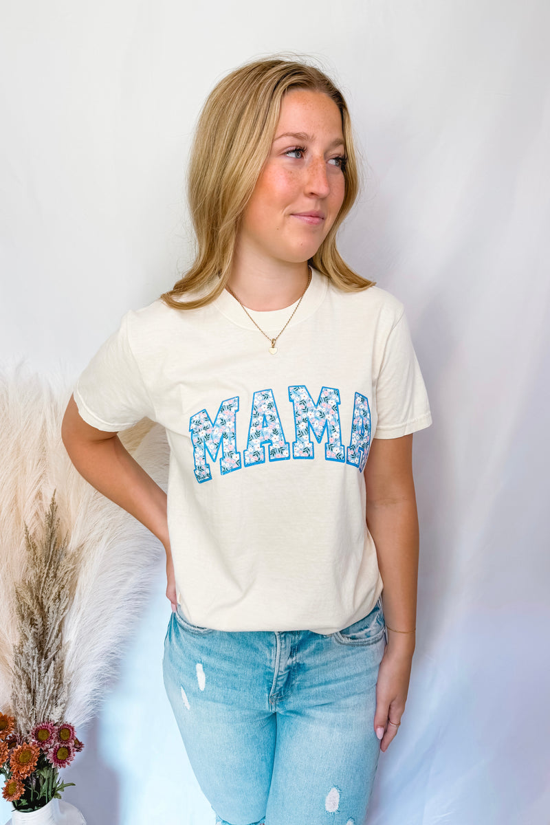 Blue Flower Mama Graphic Tee - Cream