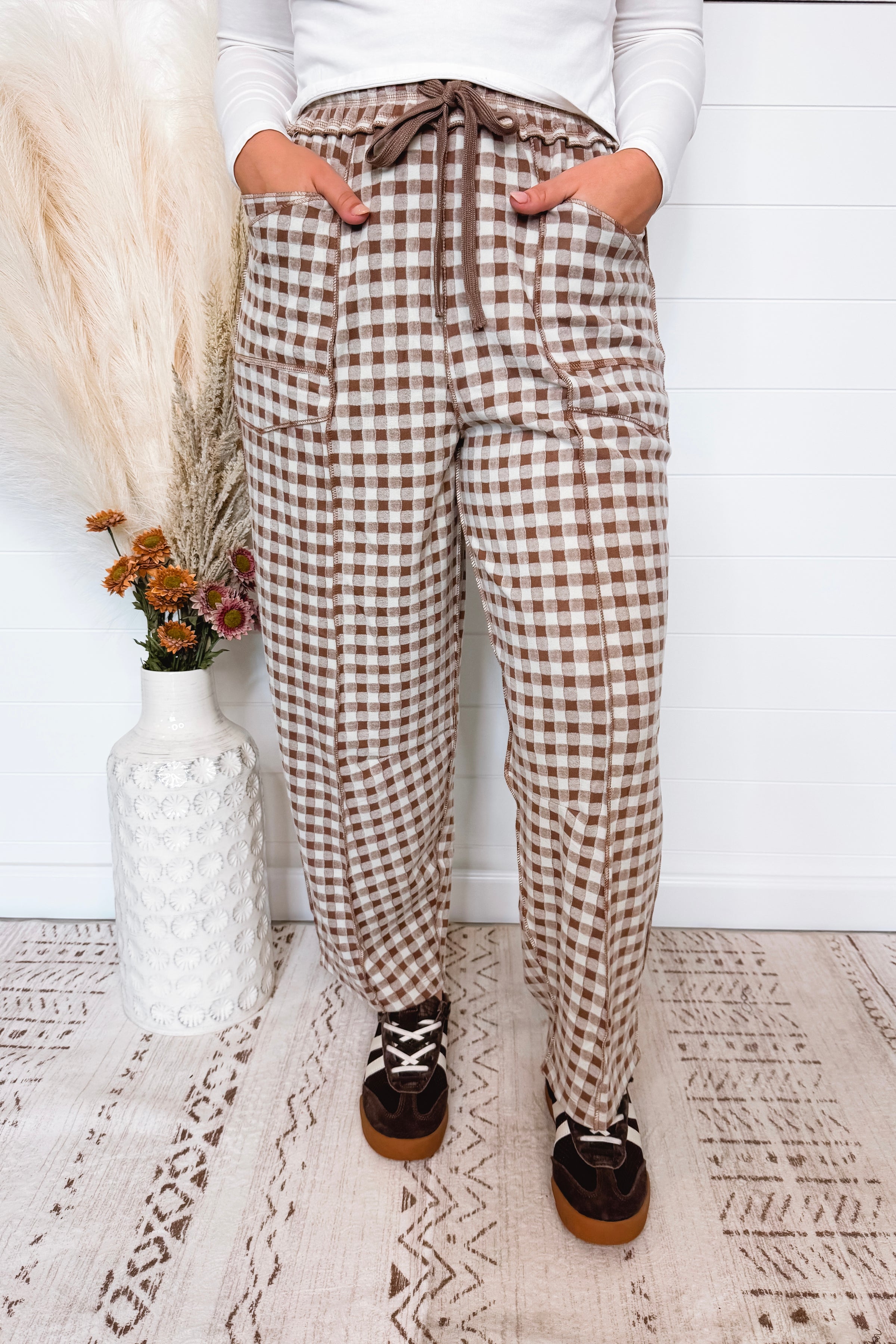 Chic Check Brushed Gingham Drawstring Pants - Mocha