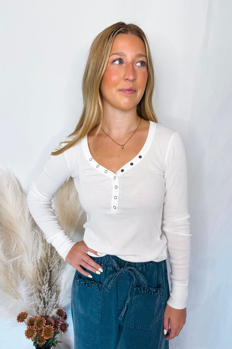 Shelly Long Sleeve Henley Top - White