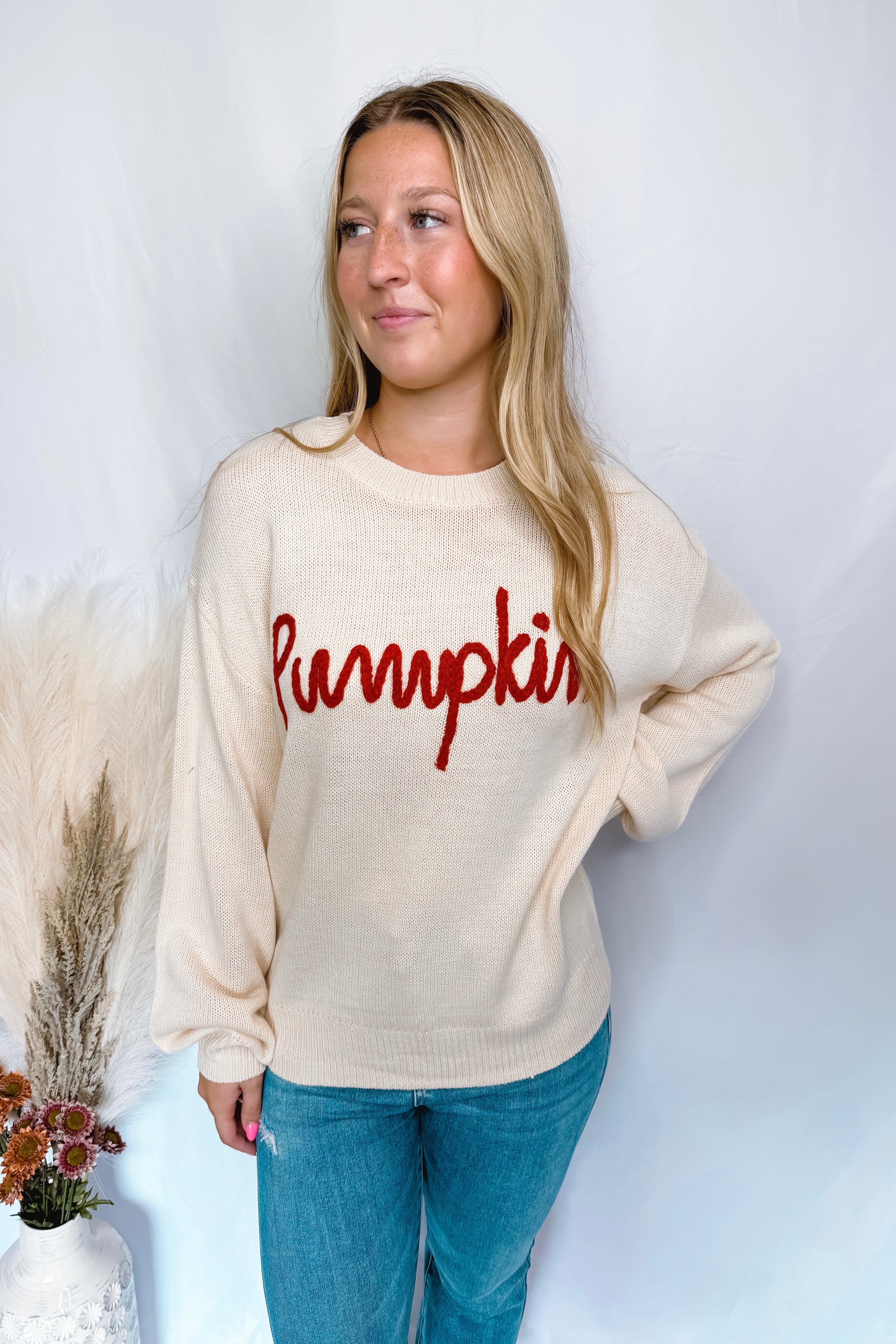 Pumpkin Embroidered Crew Neck Sweater - Ivory