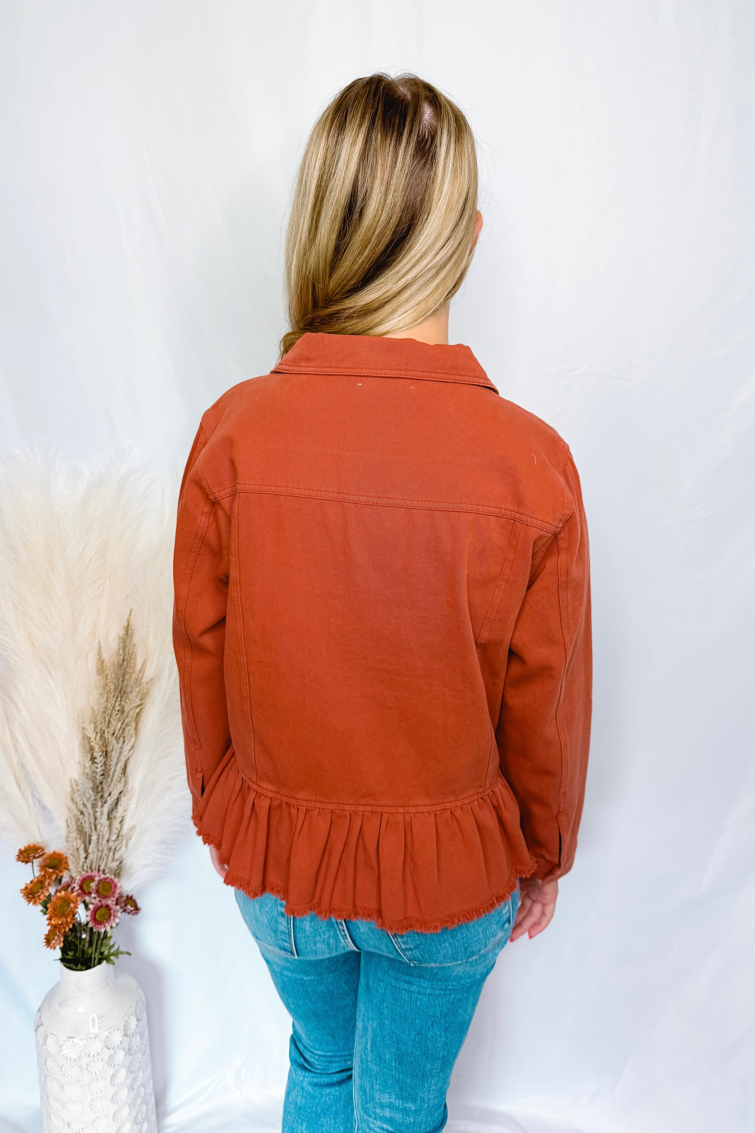 Feelin Good Ruffle Denim Jacket - Rust