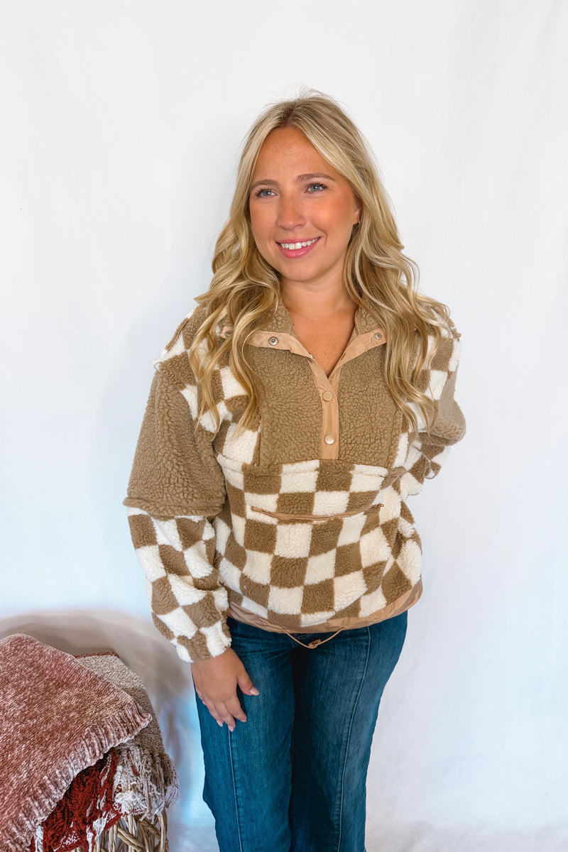 Casual Comforts Checkered Sherpa Pullover - Taupe
