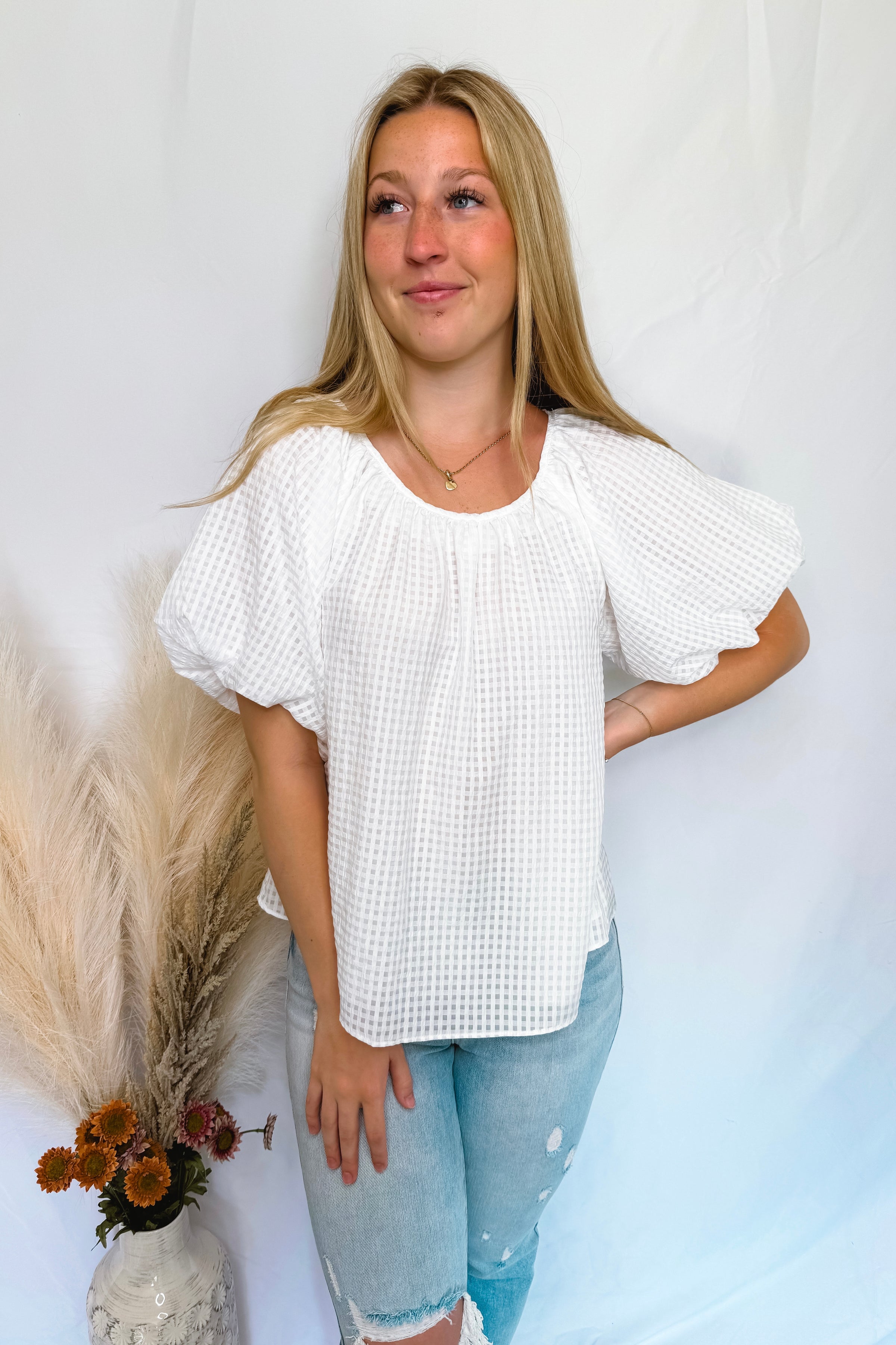 French Market Gingham Bubble Sleeve Top - White