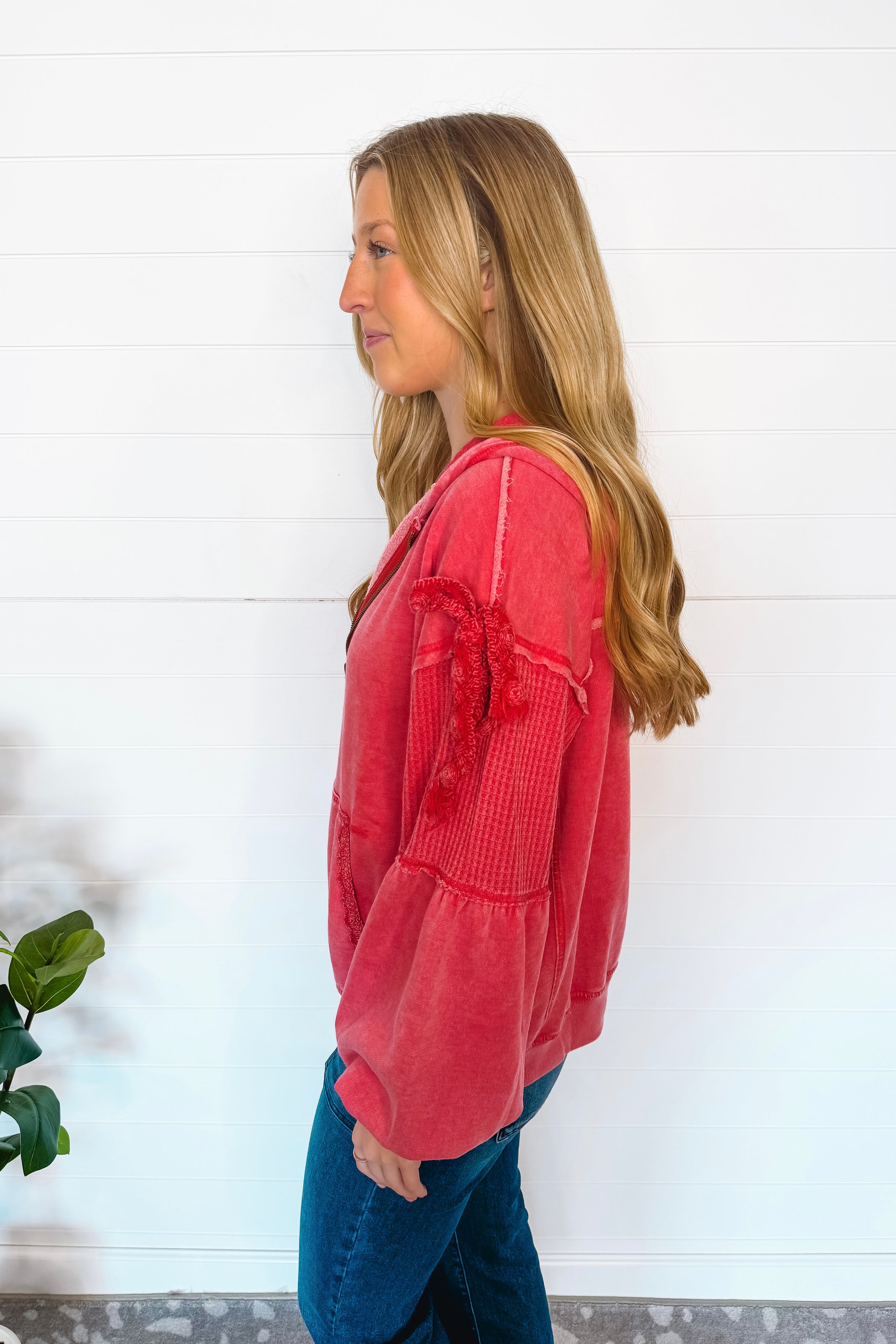 Love Me Tender Oversized Zip Up Hoodie - Faded Red