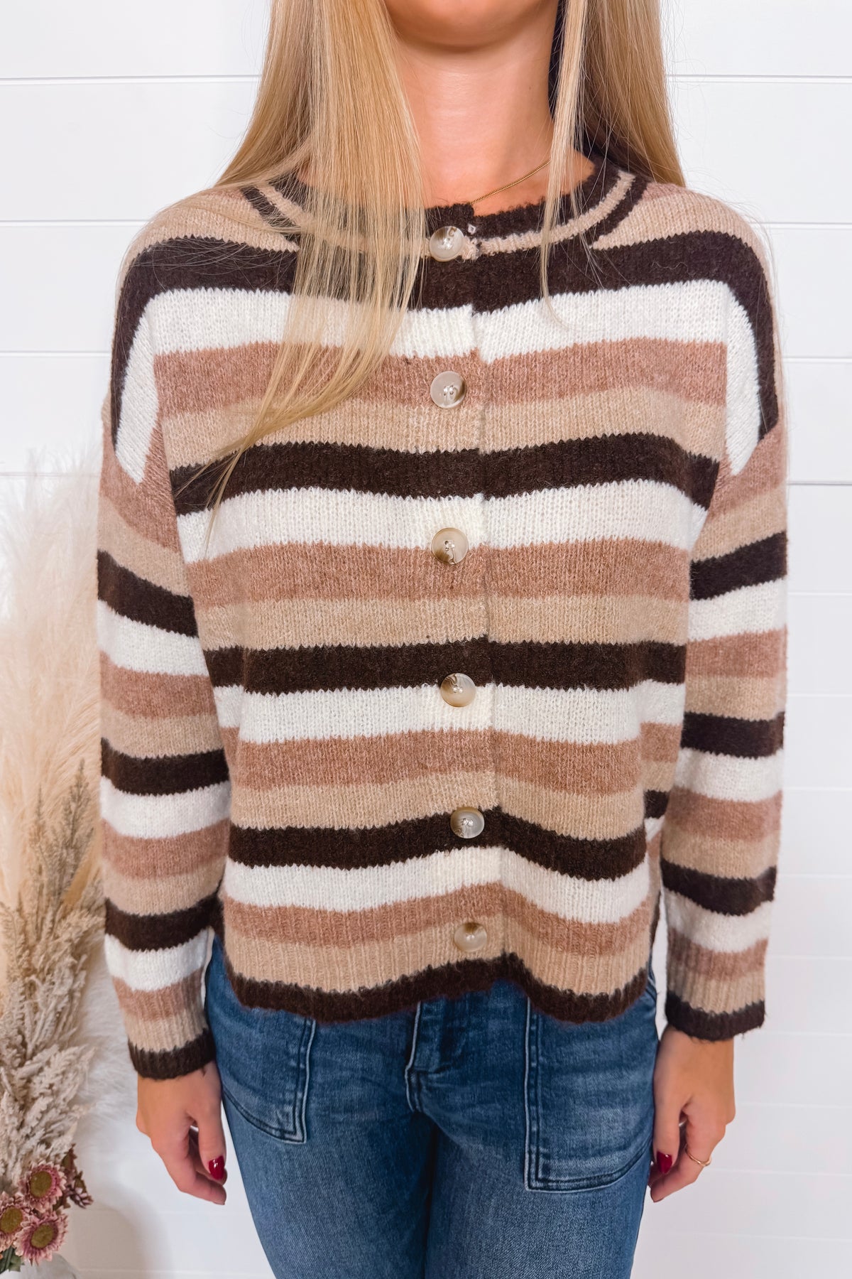 Warm Cocoa Striped Button Sweater - Mocha