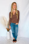 Courtney Notched V-Neck Long Sleeve Top - Brown