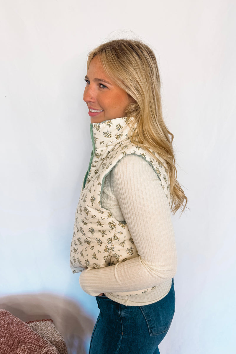Autumn Vibes Floral Corduroy Puff Vest - Cream