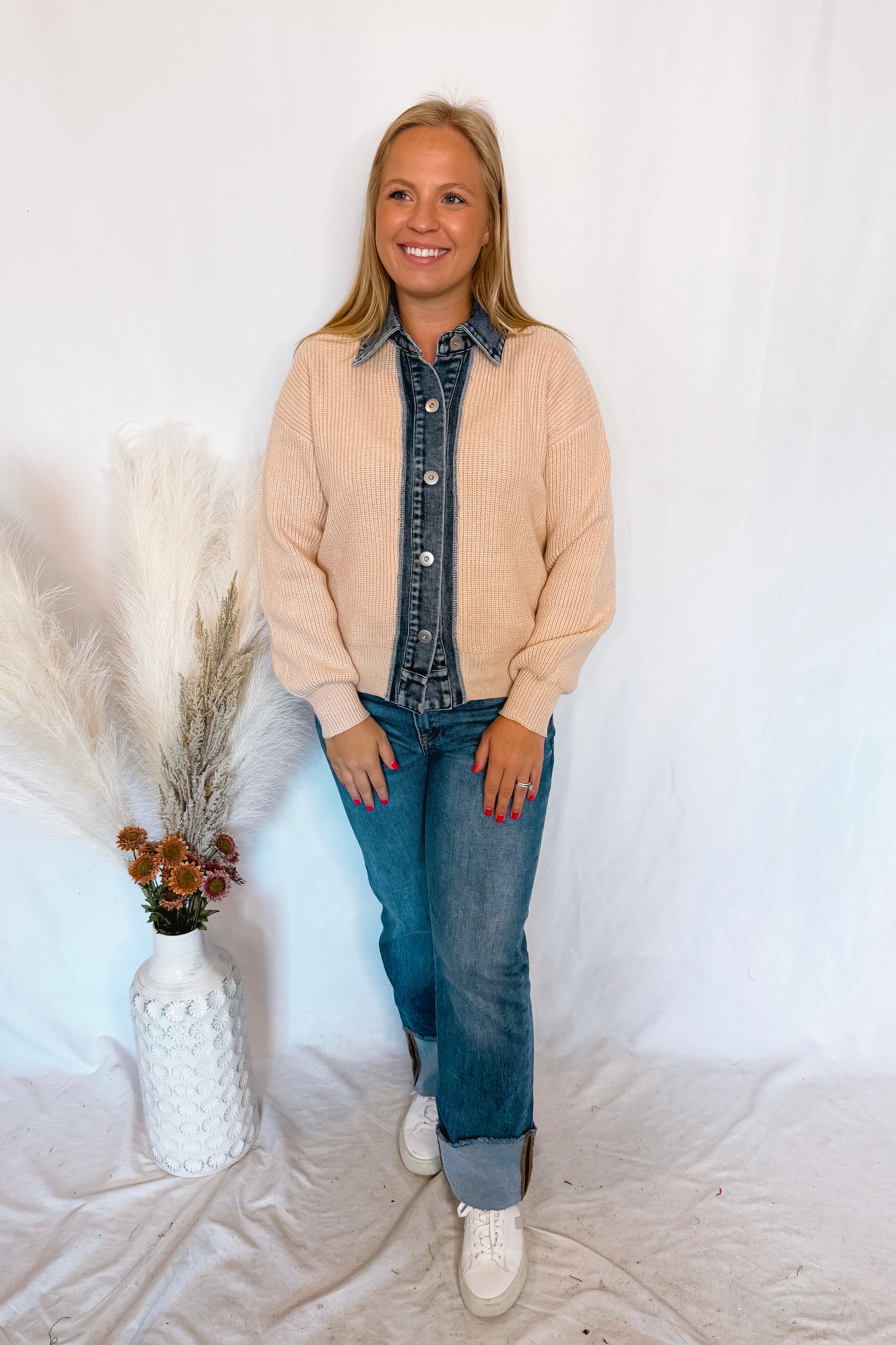 Modern Comfort Denim Contrast Button Sweater - Beige