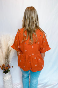 Daisy Smiles Embroidered Ruffle Babydoll Top - Rust