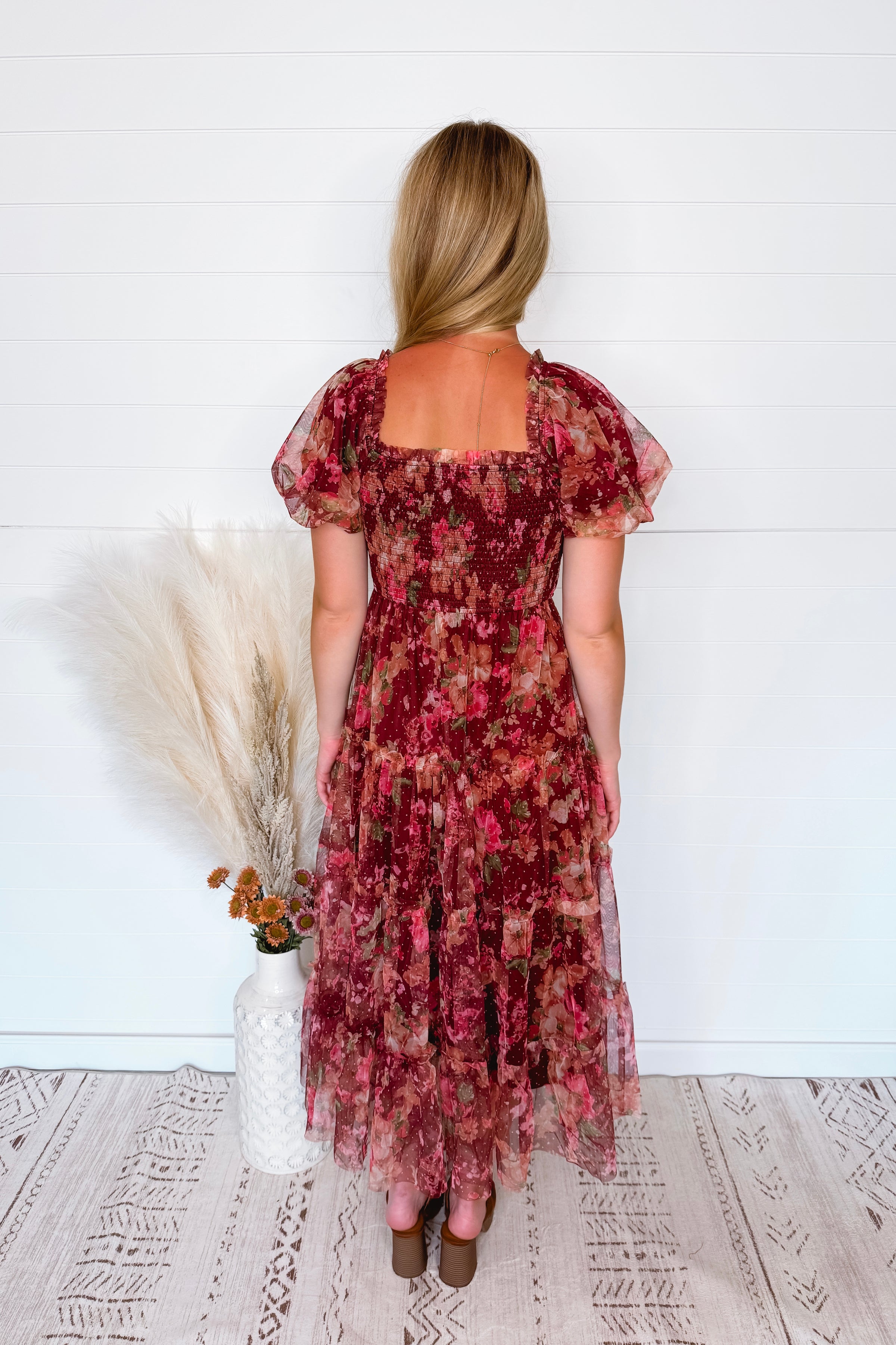Phoebe Puff Sleeve Tulle Midi Dress - Burgundy Multi