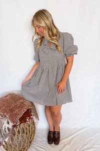 Harvest Cutie Gingham Front Bow Mini Dress - Brown