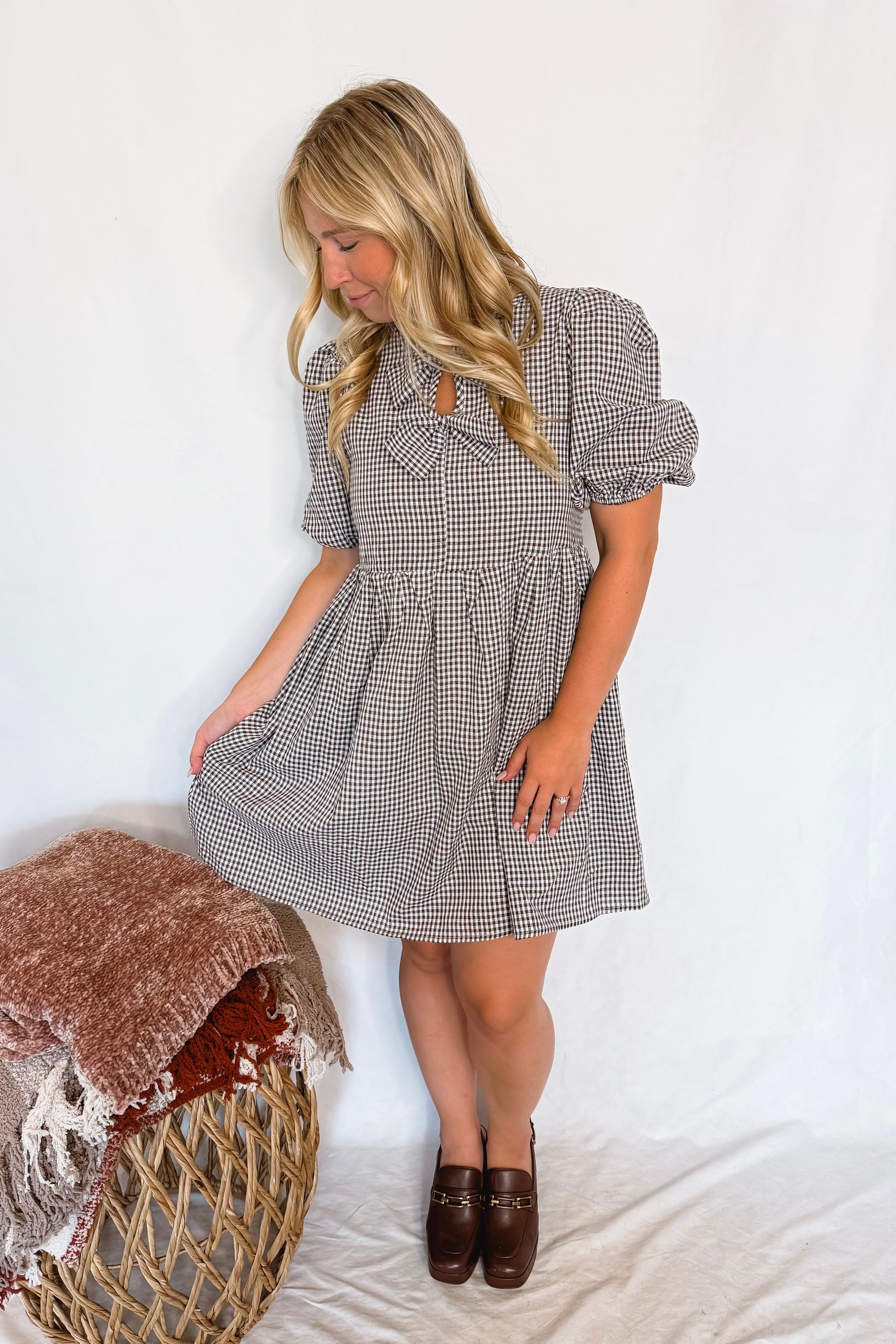 Harvest Cutie Gingham Front Bow Mini Dress - Brown